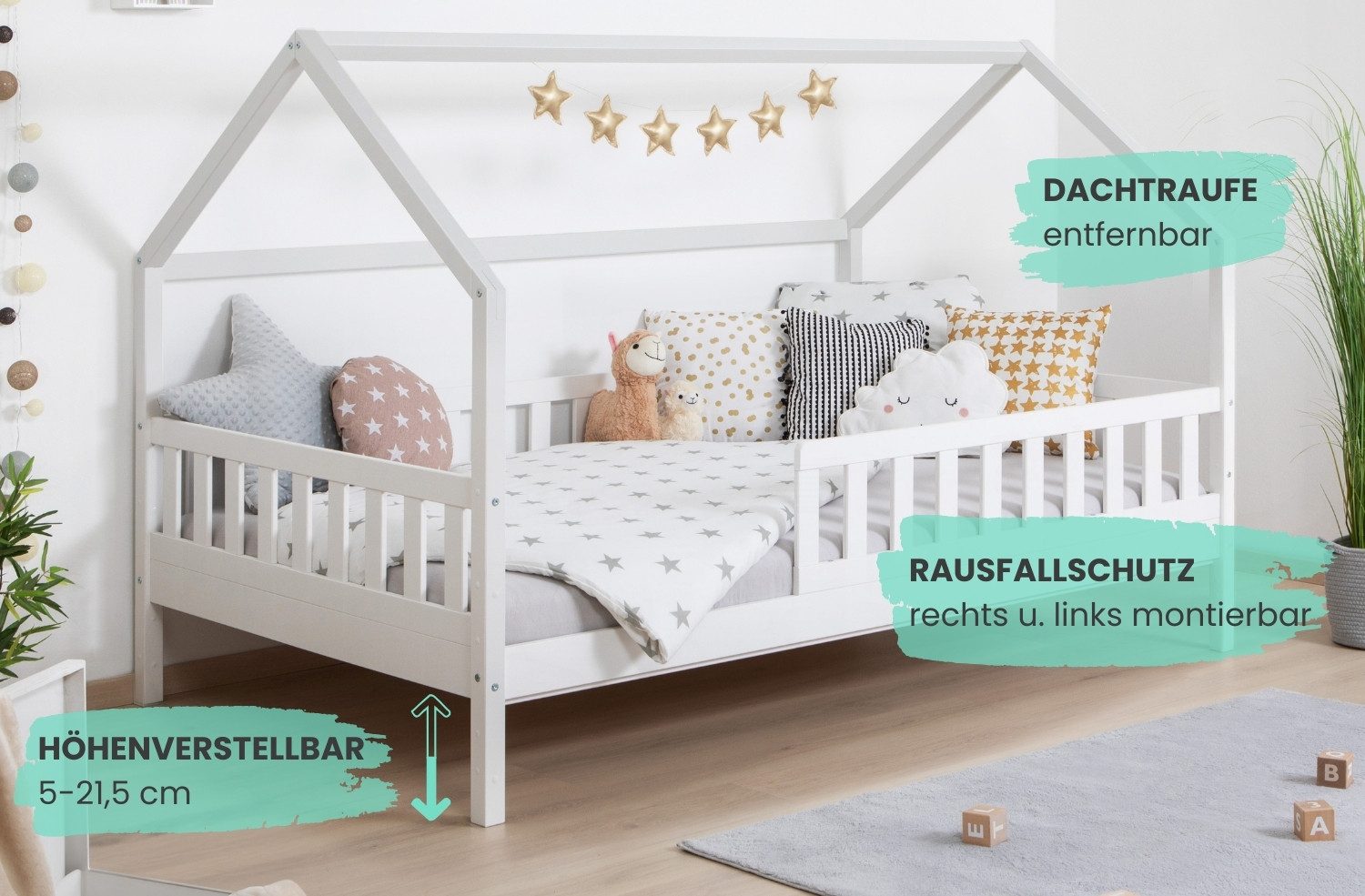 Ticaa Hausbett Duo mit Rausfallschutz aus Kiefer, Bodenbett 100x200, inkl. abnehmbarem Dach, mit Rollrost, mit Matratze – Bild 4 von 5