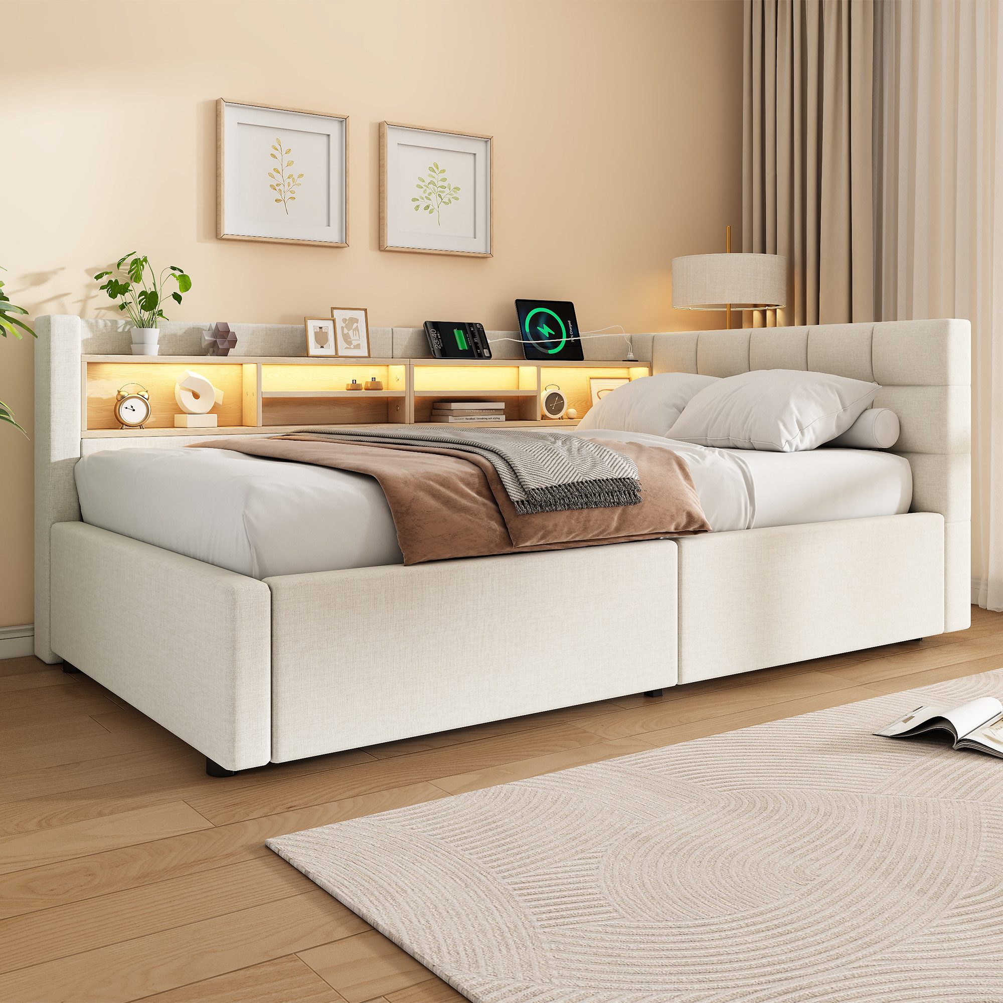 Merax Daybett mit LED-Beleuchtung & USB-Anschluss, Polsterbett mit Leinenbezug (Schlafsofa Jugendbett, 1 tlg), Tagesbett 90x200cm mit hydraulischem Stauraum & S – Bild 3 von 5