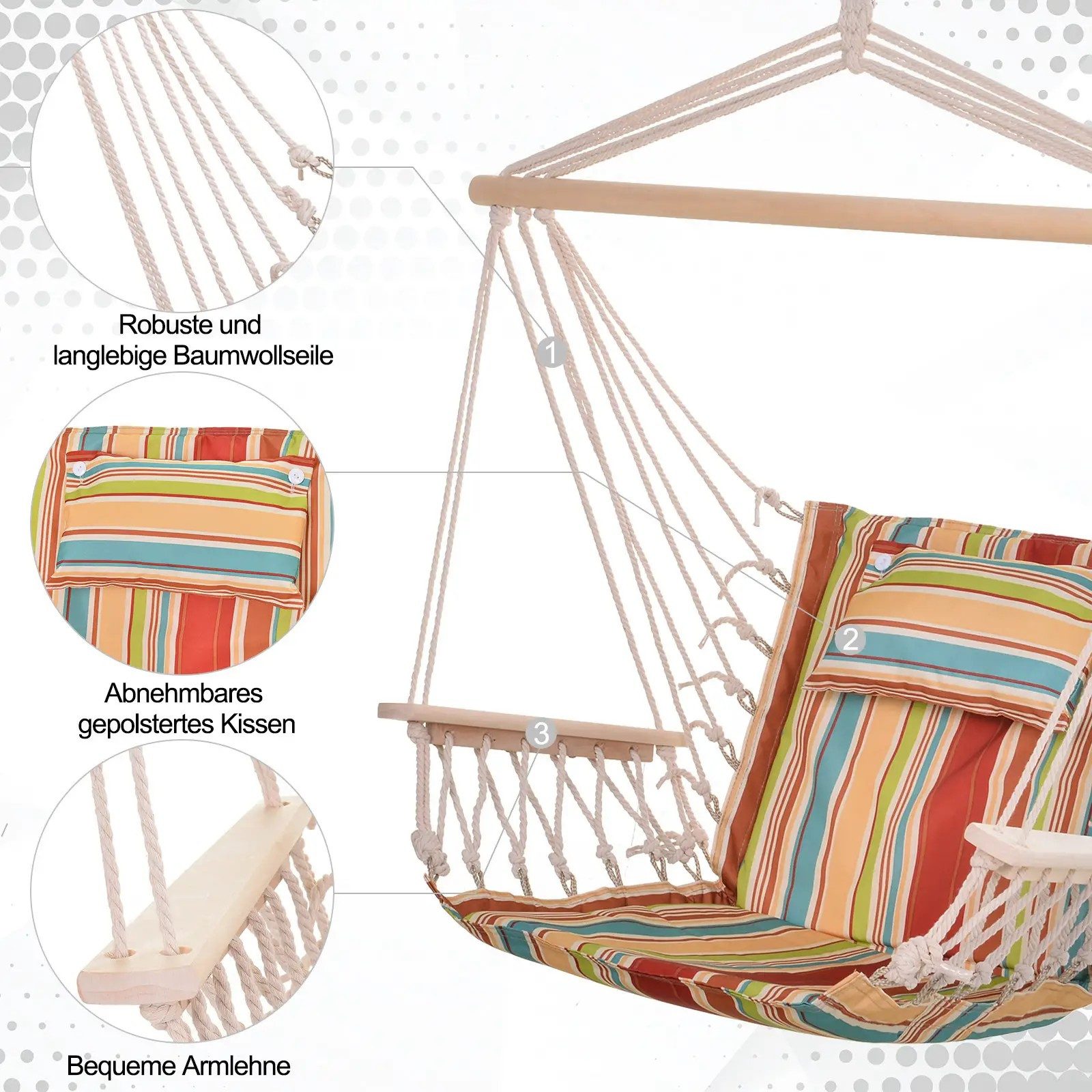 CHICFURN Hängesessel Hängestuhl mit Kissen und Querstrebe (Packung, 1-St., Leicht tragbar, einfach verpackbar, belastbar bis 100 kg), Für Garten und Balkon, mehrfarbig