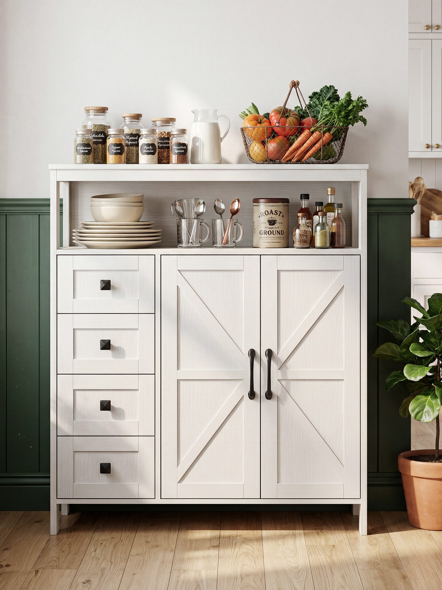 FiveWillowise Sideboard mit 4 Schubladen, 2 Türen und offenen Fächern, 76 x 29 x 101cm (1 St), Badezimmerschrank, Aufbewahrungsschrank, Weiß