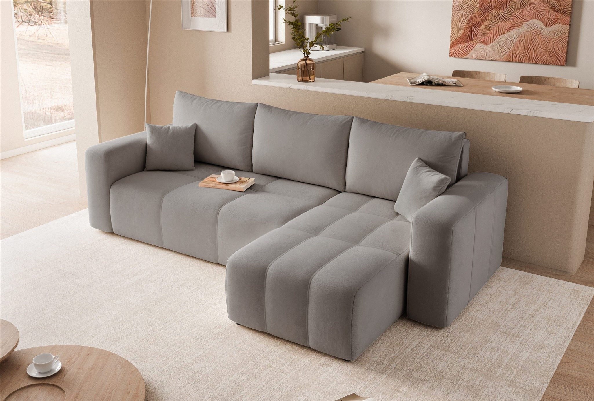 Fun Möbel Ecksofa Schlafsofa LEROS mit Ottomane in Verloursstoff Manila, mit Bettkasten, inkl. 3 Rückenkissen und 2 Zierkissen