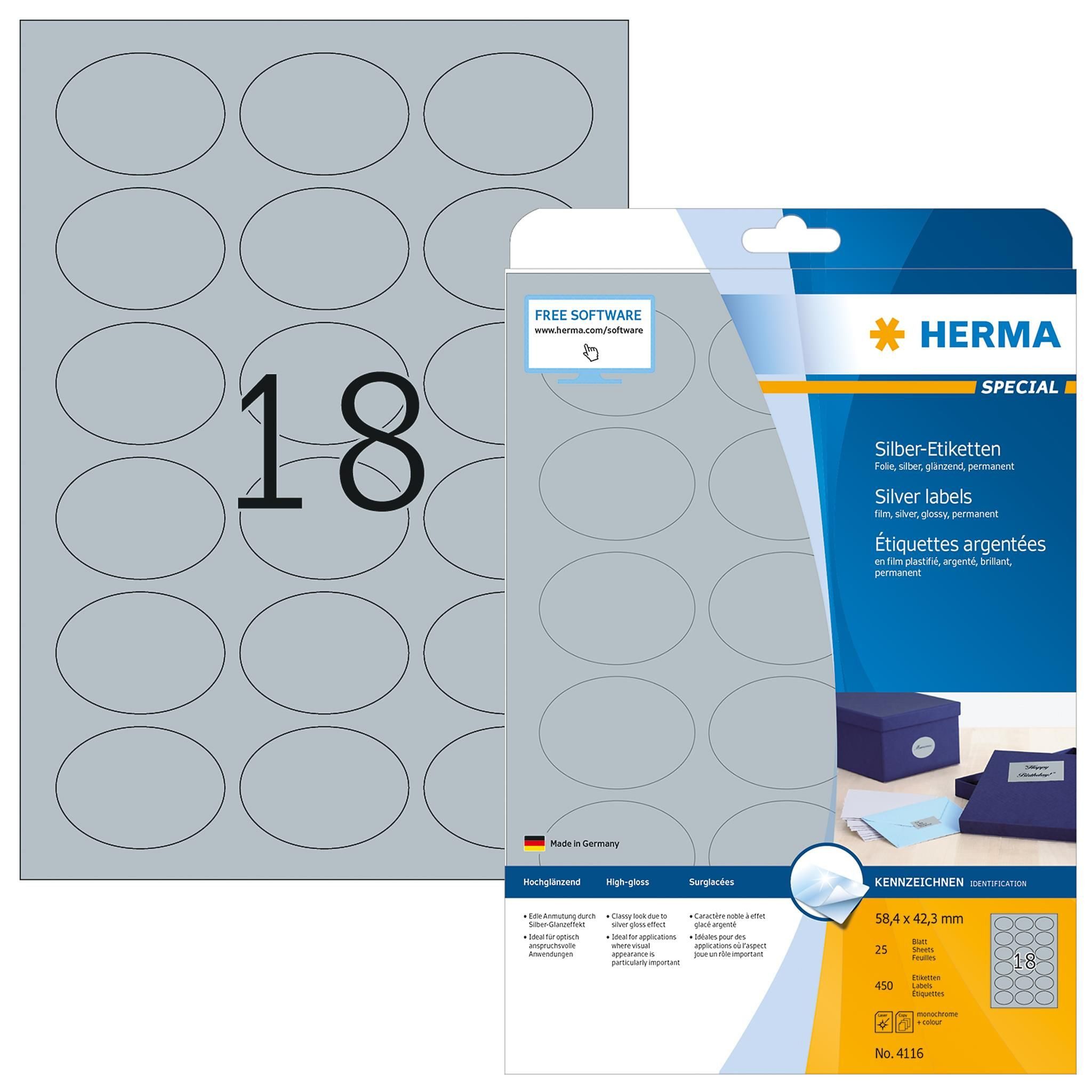 HERMA Etikett Herma Etiketten permanent haftend 58,4 x 42,3 mm Folie silber