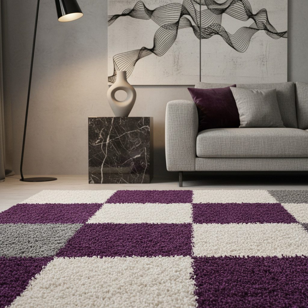 KADIMA DESIGN Teppich RHEIN Shaggy Langflor Wohnzimmer Schlafzimmer Waschbar Esszimmer, Läufer, Höhe: 32 mm, Violett, 60x110 cm, Wohnzimmerteppich Strapazierfähig Waschbar