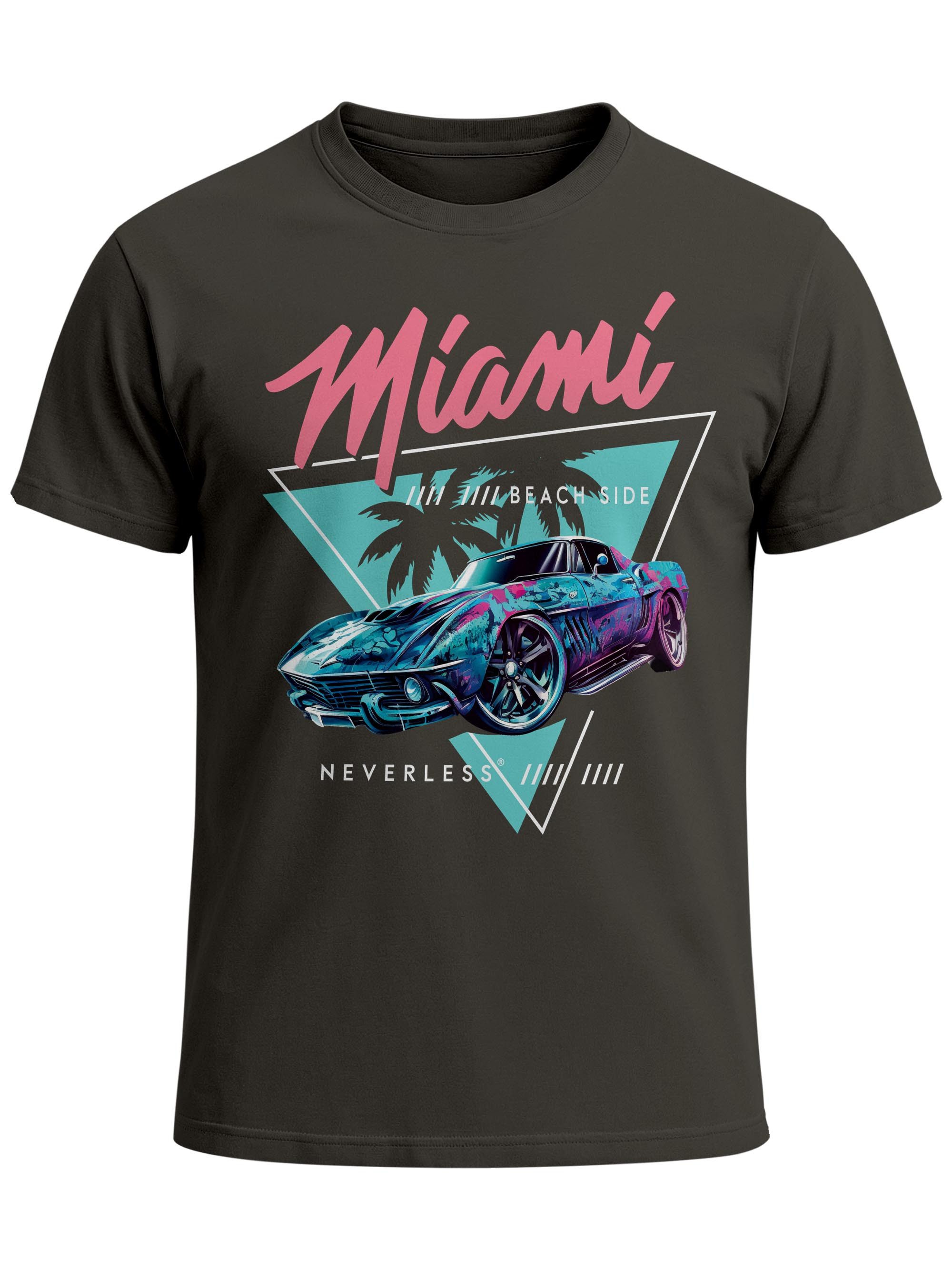 Neverless Print-Shirt Herren T-Shirt Bedruckt Miami Beach Surfing Motiv USA Retro Automobil mit Print