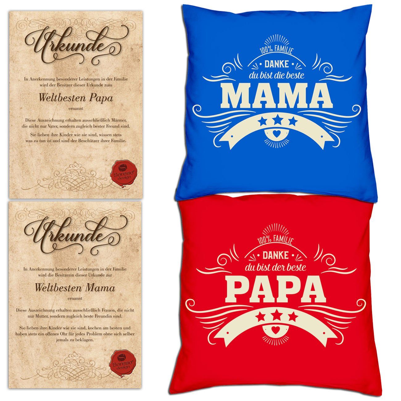 Weihnachtsgeschenk für Mama royal-blau Kissen-Set Danke Papa Soreso® Eltern Urkunden, Dekokissen Danke mit