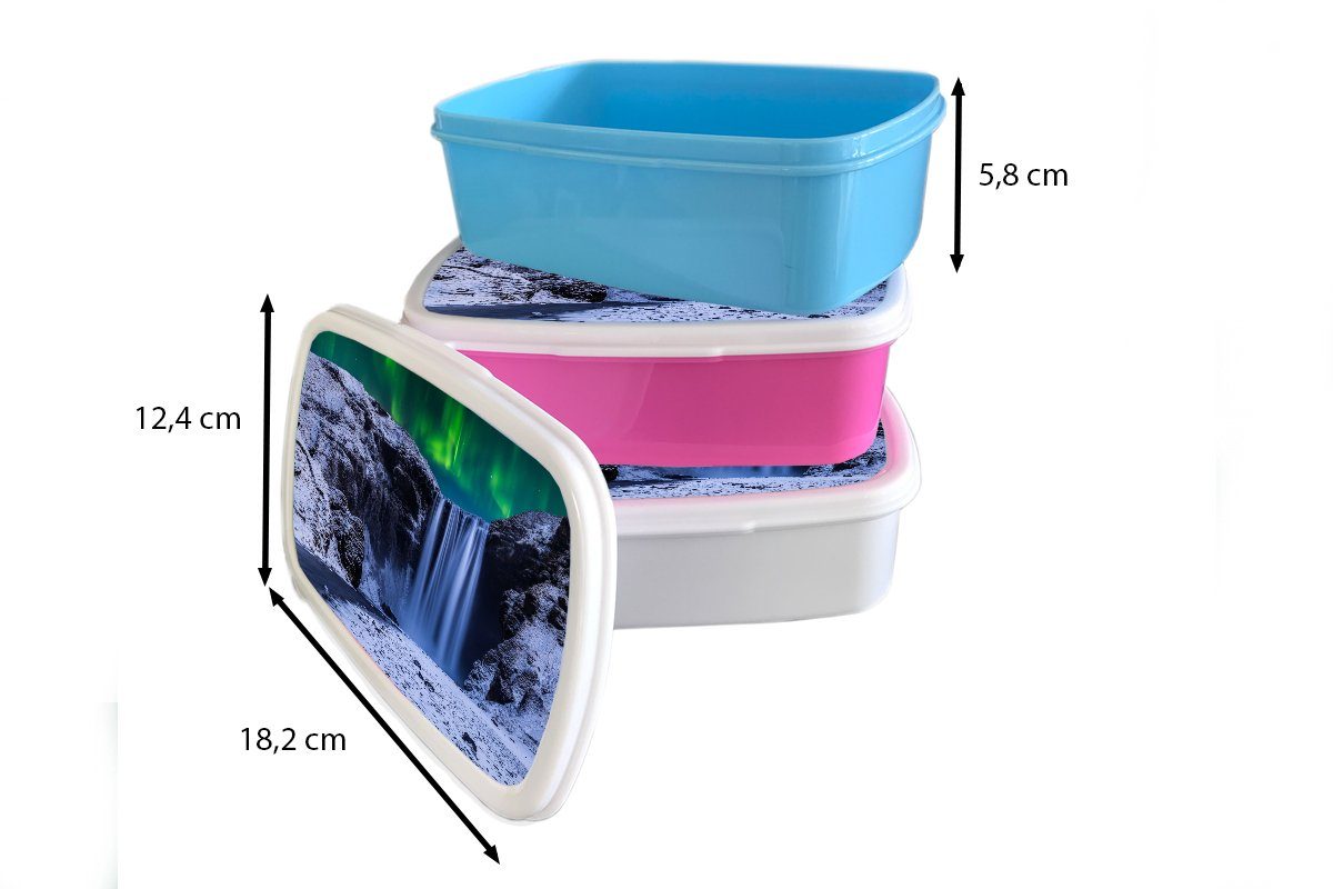 Kunststoff, MuchoWow Nordlichter Wasserfall Snackbox, Schnee (2-tlg), - Brotbox rosa Mädchen, für Brotdose - Kinder, Lunchbox Island, Kunststoff Erwachsene, -