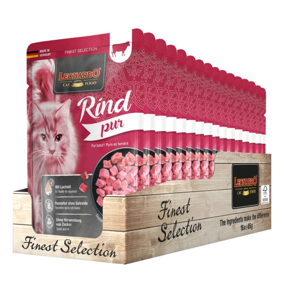 Leonardo Catfood Rind Pur - getreidefreies Nassfutter mit Lachsöl 16x85g, Nassfutter für: Katzen