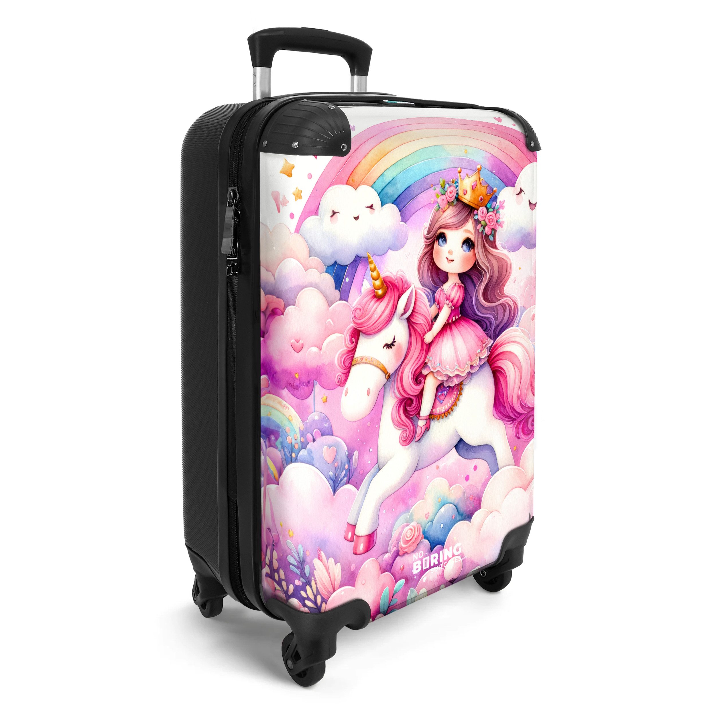 NoBoringSuitcases.com© Kinderkoffer Prinzessin und Einhorn mit Regenbogen und rosa Wolken 55x35x20cm, 4 Rollen, Handgepäck-Koffer, Kinderkoffer, Reisekoffer Mädchen