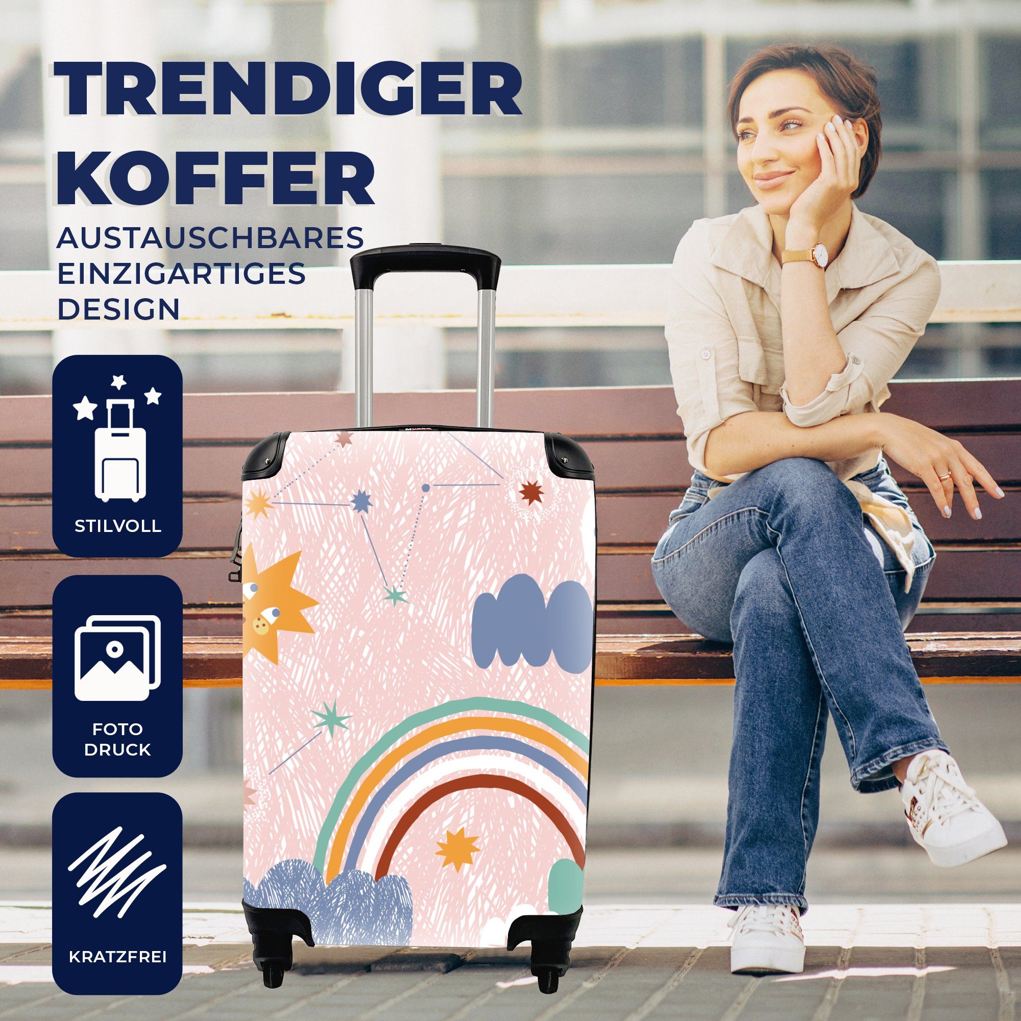 MuchoWow Handgepäckkoffer Regenbogen - Kinder - Wolken, 4 Rollen, Reisetasche mit rollen, Handgepäck für Ferien, Trolley, Reisekoffer