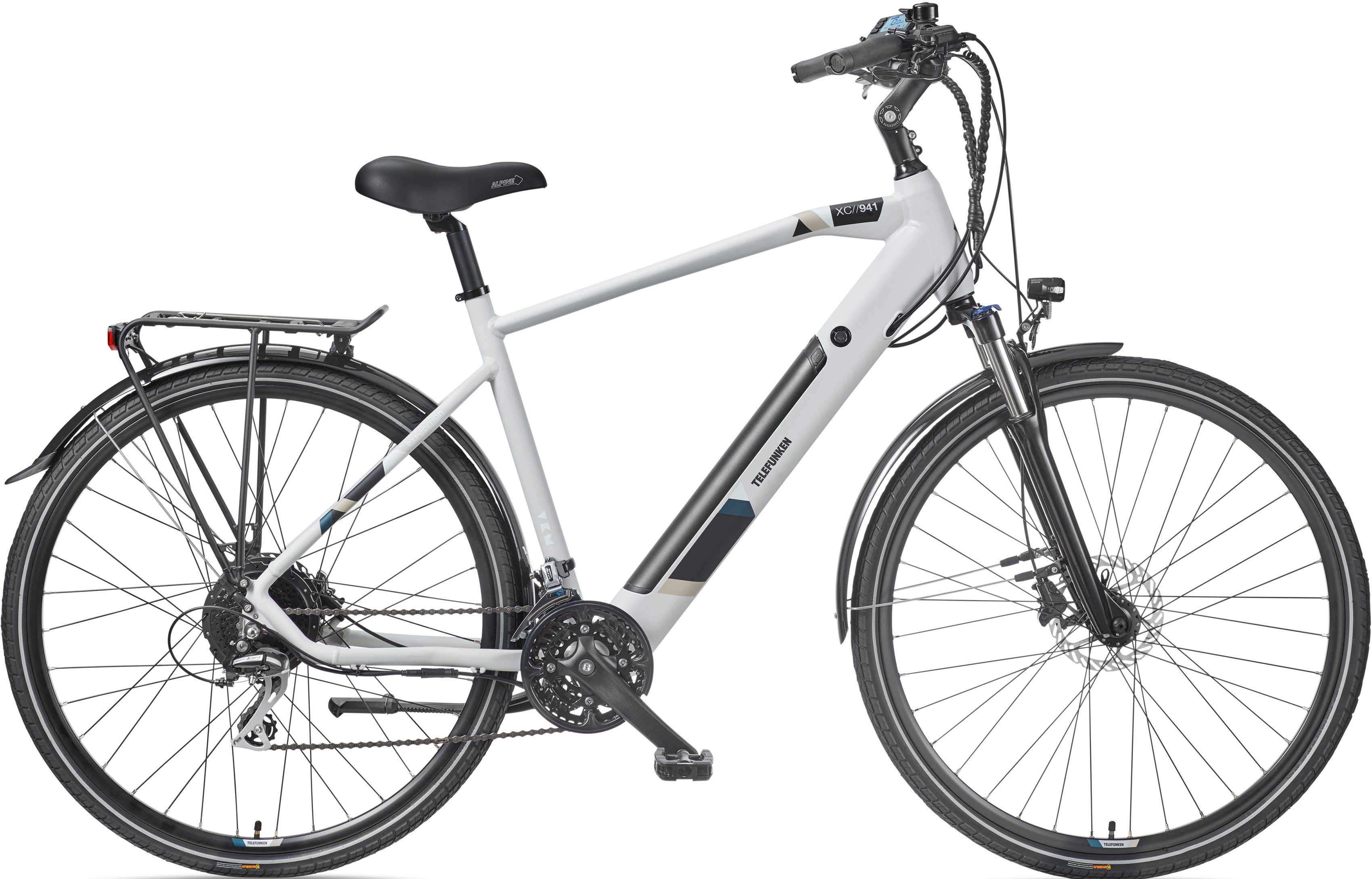 Telefunken E-Bike Expedition XC941, 24 Gang Shimano Acera Schaltwerk, Kettenschaltung, Heckmotor, 417,6 Wh Akku, (Straßenzulassung, ca. 100 km Reichweite, hydraulische Дисковые тормоза), Trekking Elektrofahrrad, Pedelec, Herren, 28 Zoll, 36 V 417,6 Wh Akku