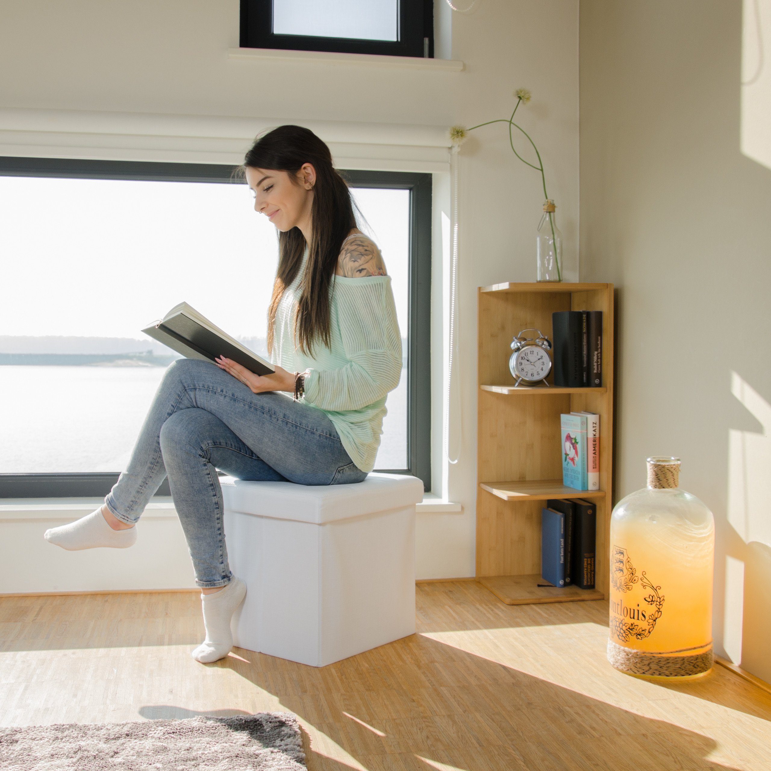 relaxdays Stauraumhocker Faltbarer Sitzhocker mit Stauraum Leinen, weiß günstig online kaufen