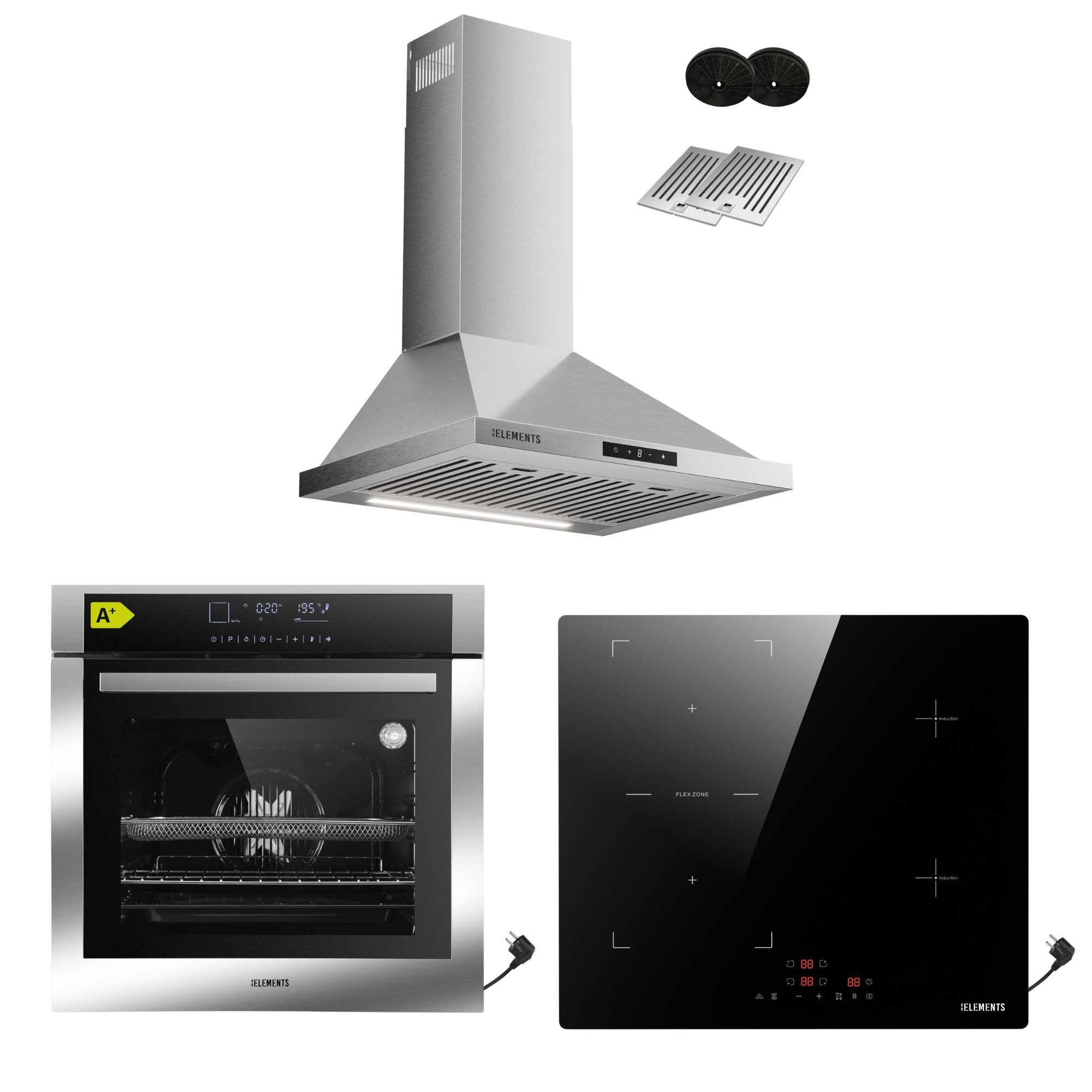 KB Elements Induktions Herd-Set Einbaubackofen 60 cm mit 4-Zonen Induktionskochfeld 60cm, mit 2-fach-Teleskopauszug, AQUA CLEAN, Backofen Full Touch mit 15 Funktionen, Schuko-Anschluss (EU-Stecker)
