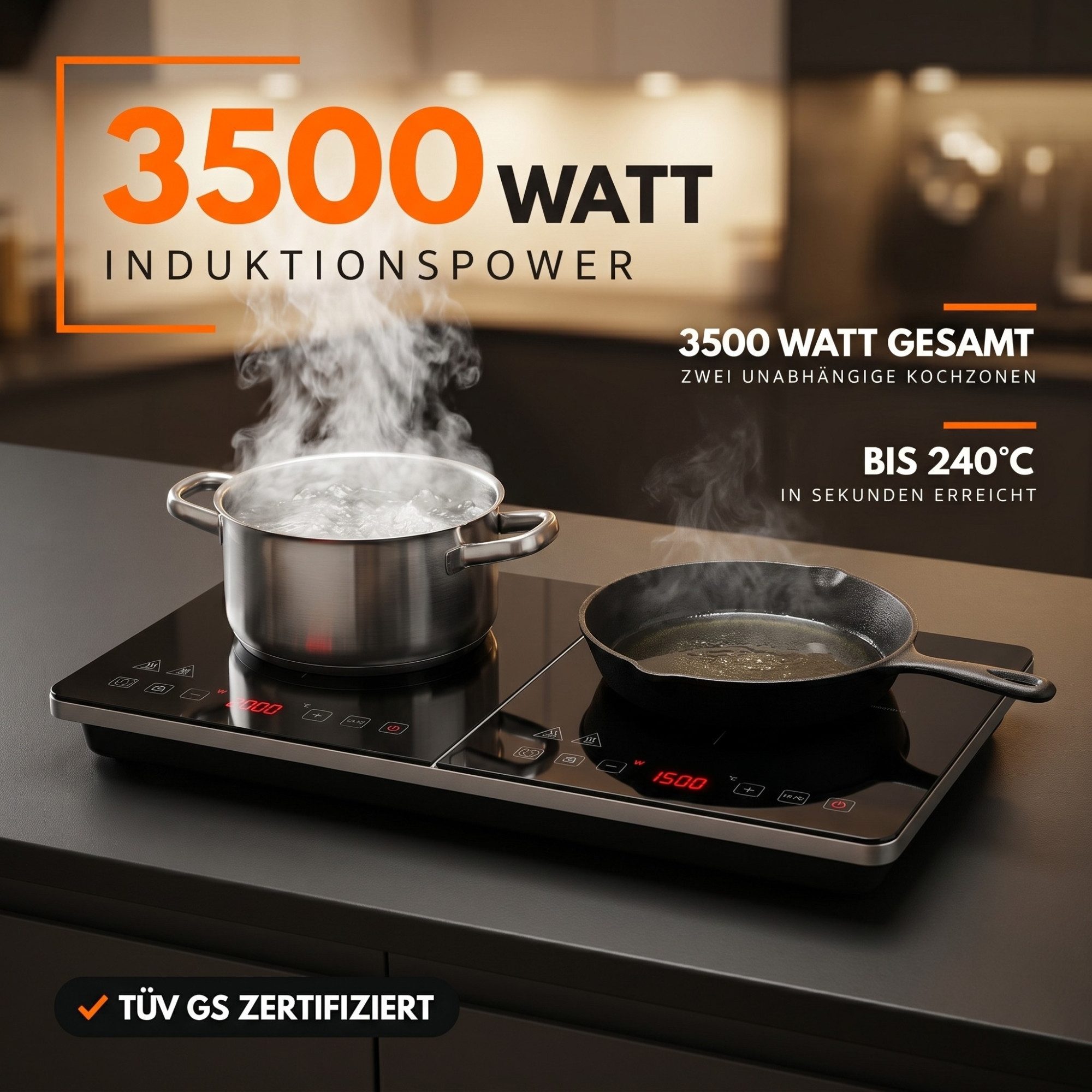 Sommertal Einzel-Induktionskochplatte Sommertal Induktionskochfeld 2 platten 3500W Tragbar Super Slim, Design bis 240 °C mit 4h Timer  mit Touch-Bedienung