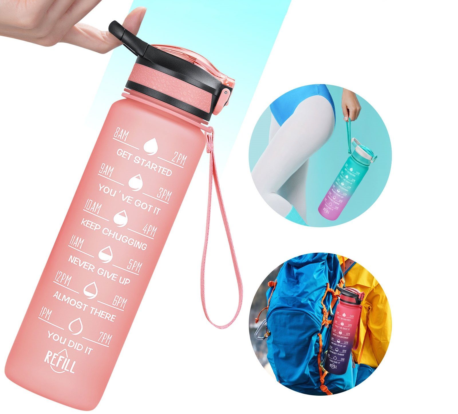 Sportflasche WISHDOR 1 BPA-Frei Auslaufsicher Outdoor und Fitness Zeitmarkierung Camping Fahrrad Wasserflasche Trinkflasche Pink Wandern Sport Liter Strohhalm 1L,