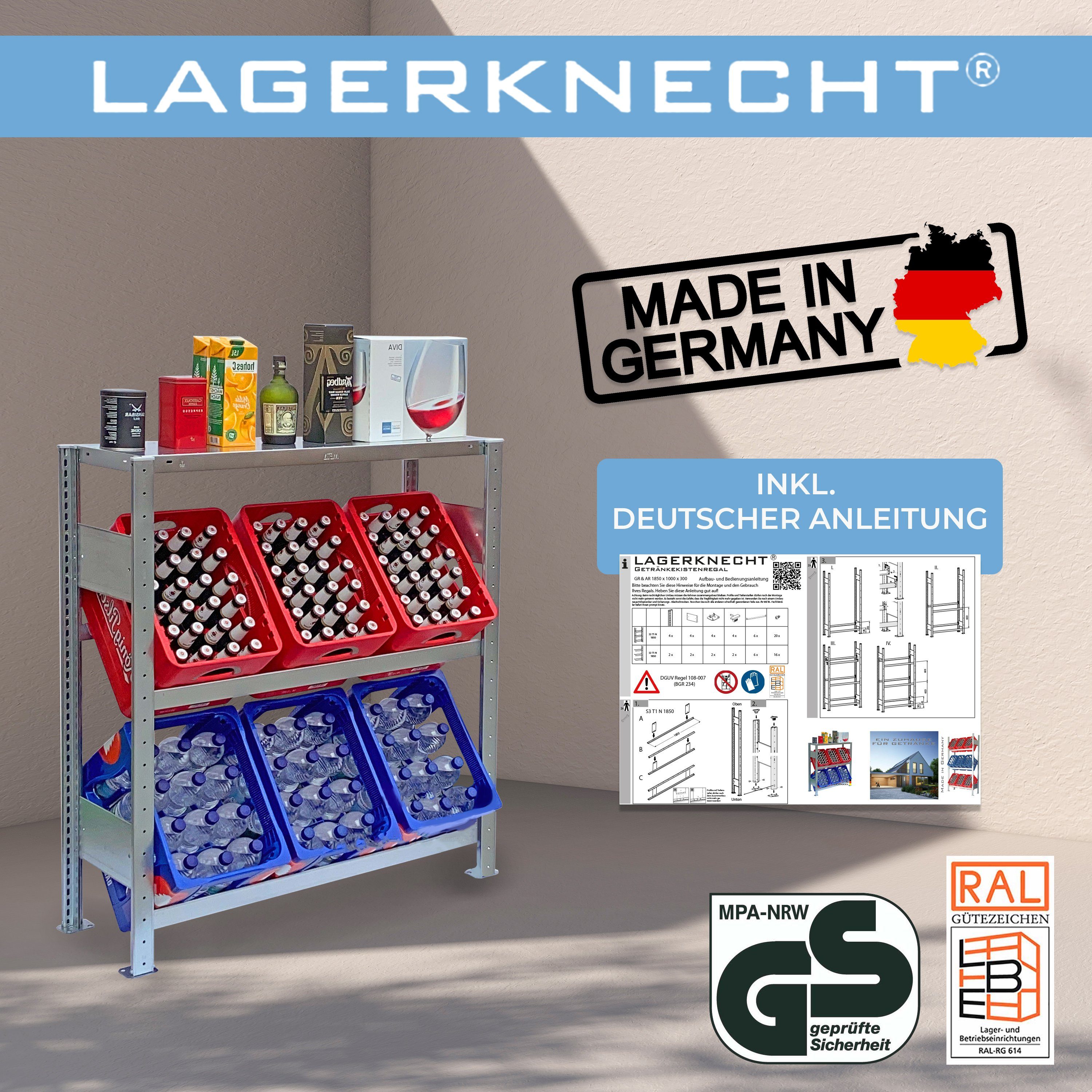 Lagerknecht Standregal Getränkekistenregal - Kistenregal Getränkeregal 2 115 x100 1 Germany in Regalboden - Ebenen made für 6 cm Kisten &