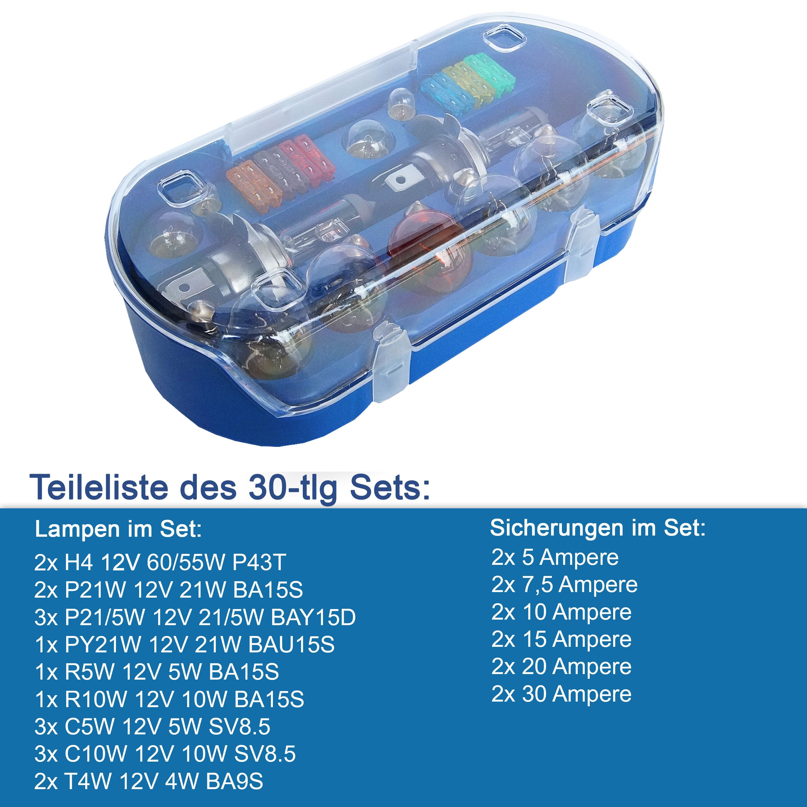 bemiX KFZ-Ersatzleuchte H4 Autolampen Set mit Sicherungen 30tlg PKW Ersatzlampenbox Auto Lampe, H4 PKW, P43t, Warmweiß, Autolampen 12 Volt – Bild 4 von 5