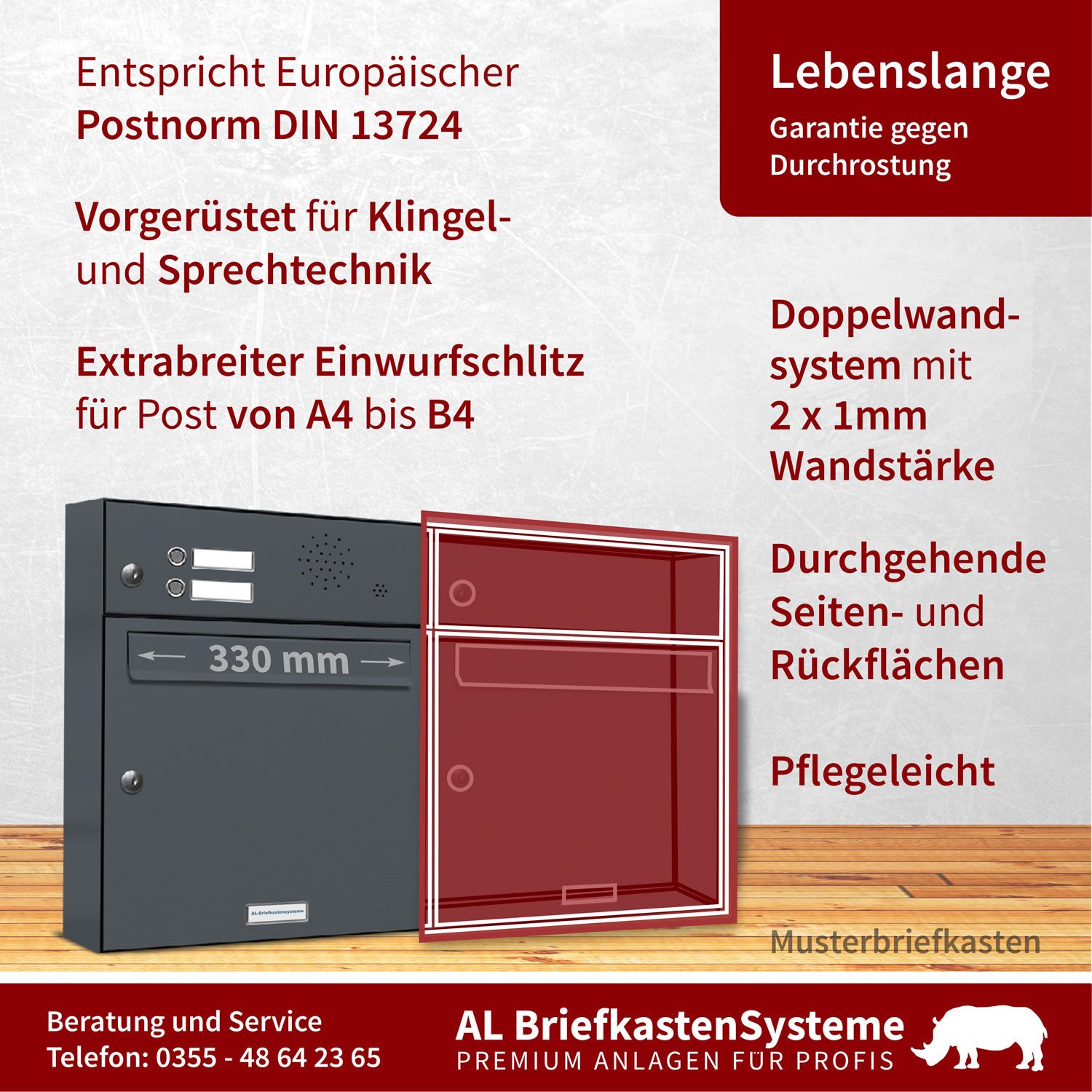 AL Briefkastensysteme Wandbriefkasten 2 Fach Premium Briefkasten A4 in RAL 7016 Anthrazit Grau wetterfest