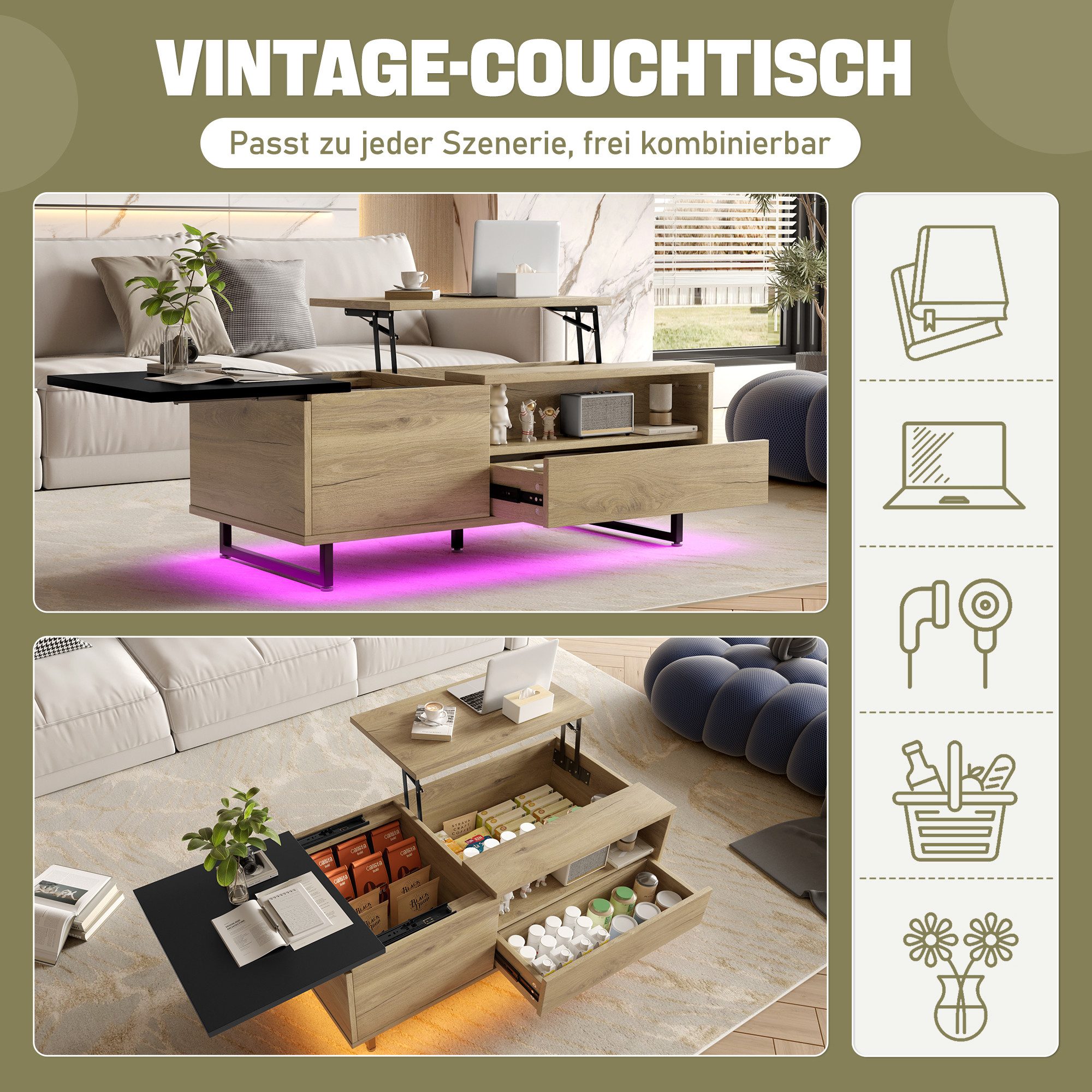 Celya Couchtisch Höhenverstellbarer mit LED-Bodenlicht und reichlich Stauraum (106.5×50×37.5cm, mit Schubladen und Fächern) – Bild 5 von 5