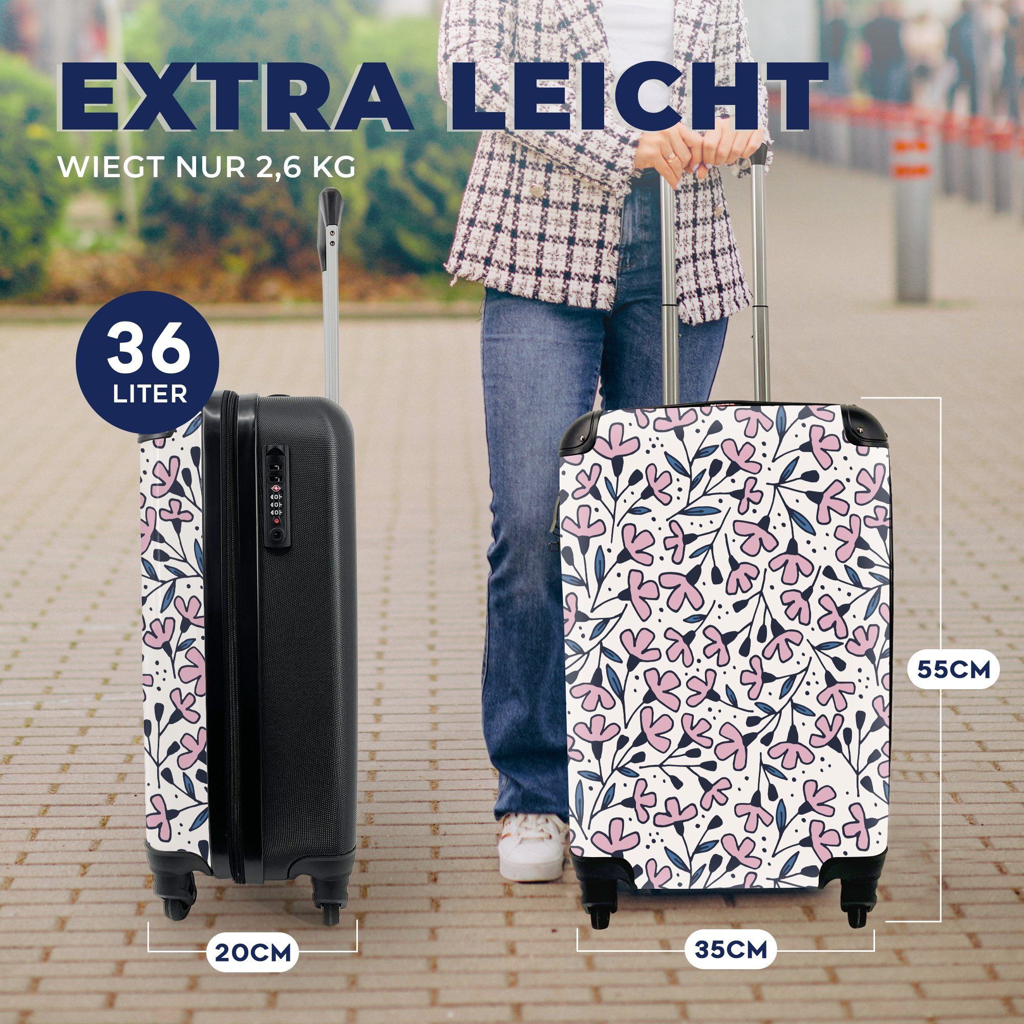 Reisetasche - Rosa Reisekoffer Ferien, Trolley, MuchoWow Mädchen, mit für - rollen, - Handgepäck Handgepäckkoffer Kinder - Muster Blumen Rollen, 4 - - Mädchen Mädchen