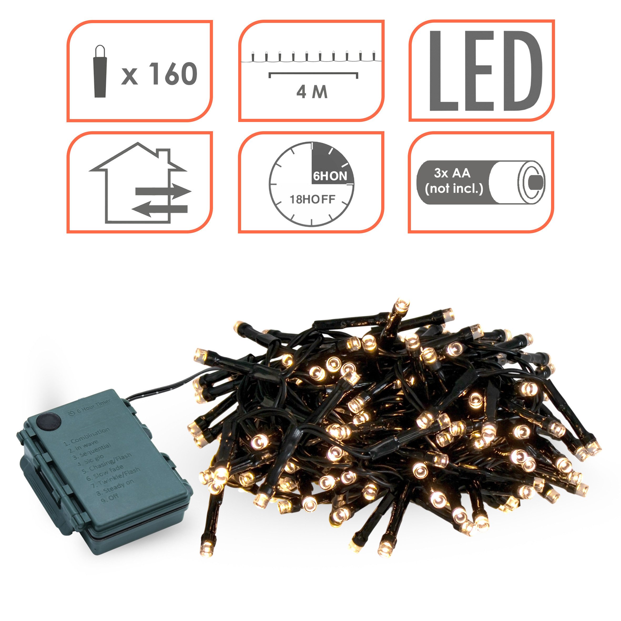 Spetebo LED-Lichterkette Außen Deko Beleuchtung warm weiß mit Timer - 160 LED / 4 m, 160-flammig, mit 8 Funktionen – Bild 3 von 5