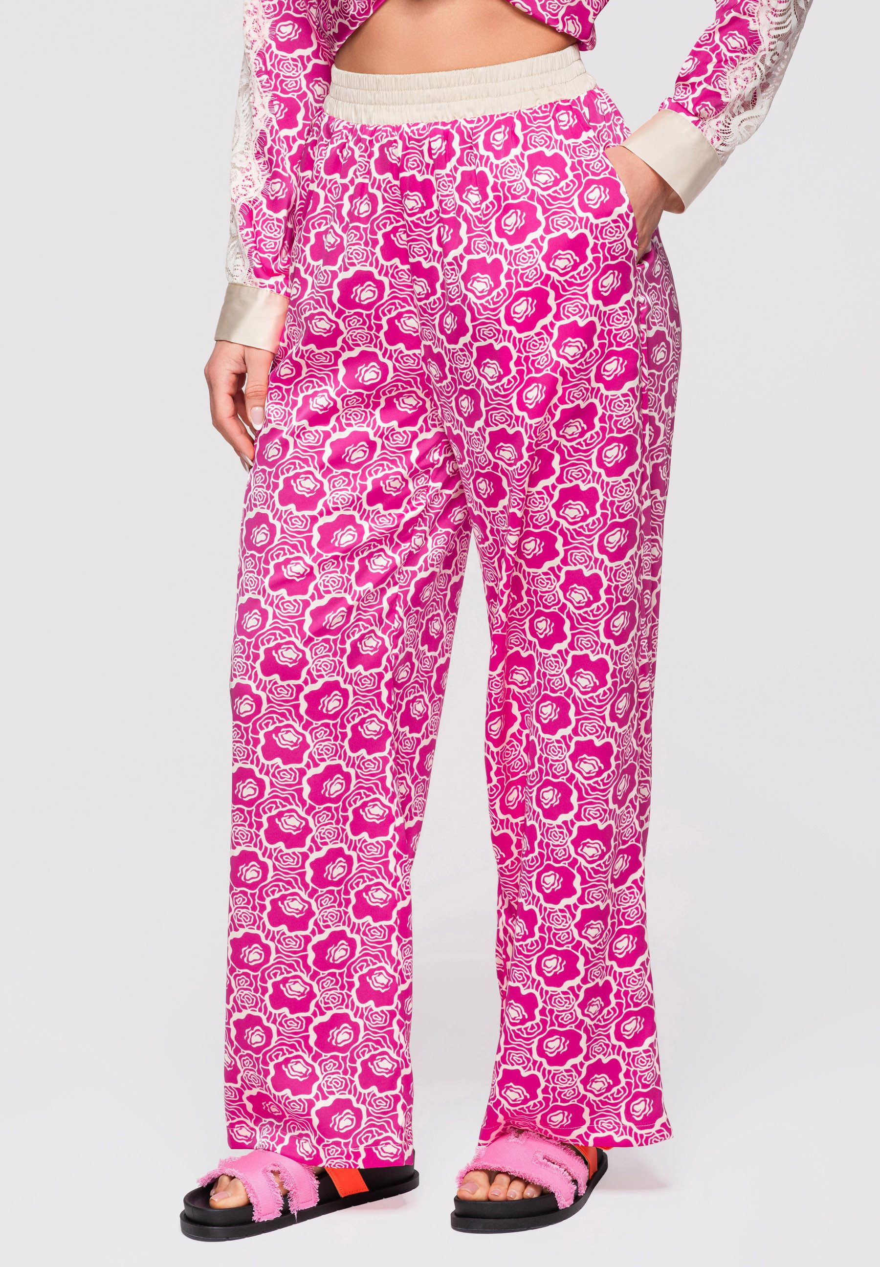OMBRE Palazzohose Damen Palazzo-Hose Weites Bein Allover-Druck Fuchsia S/M (kein Set, 1-tlg) Allover-Druck