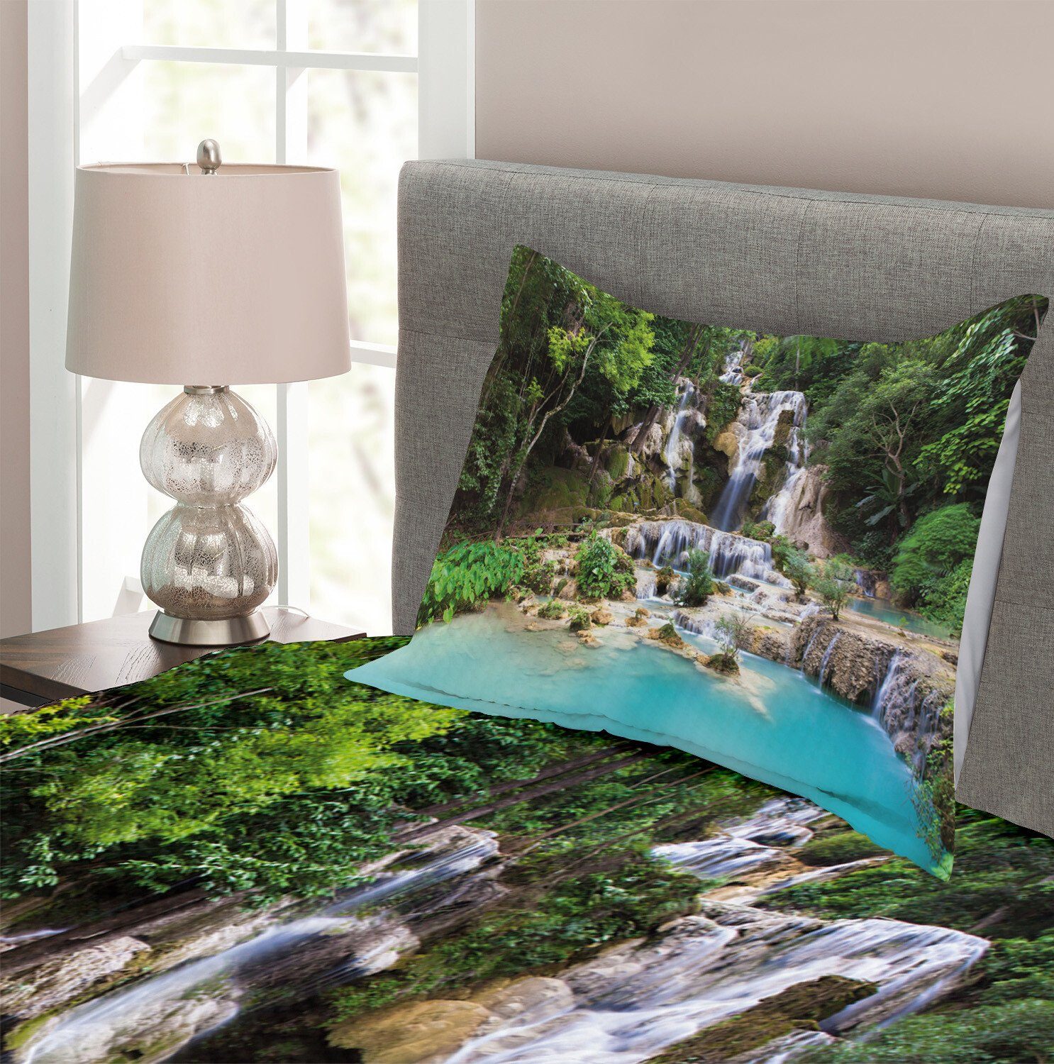 mit Set Kissenbezügen See Tagesdecke Wasserfall Laos Vietnamesisch Abakuhaus, Waschbar,