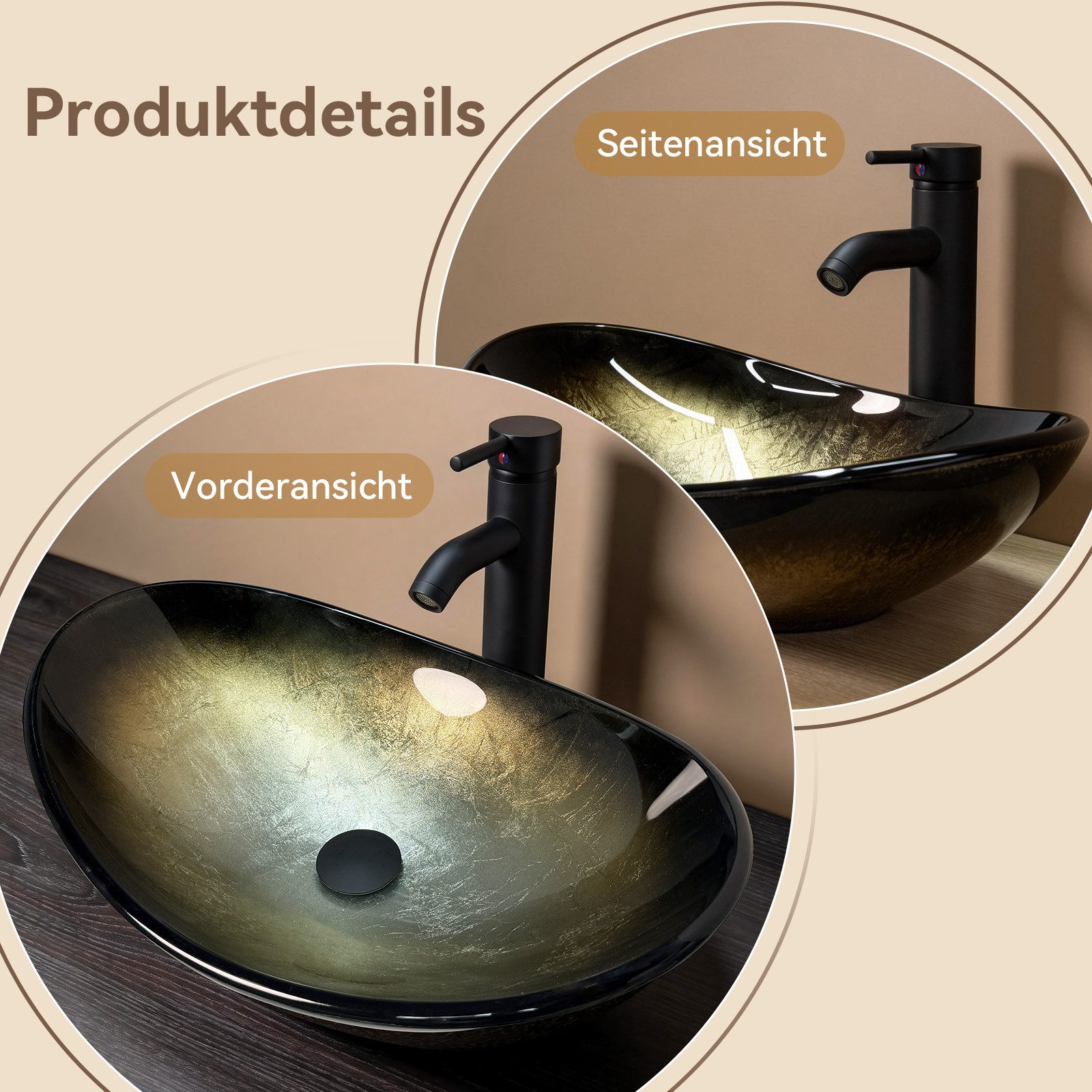 Puluomis Aufsatzwaschbecken Waschbecken Set mit Wasserhahn und Ablaufgarnitur Oval, Handgezeichnet Waschschale, Waschplätze für Badezimmer Küche WC