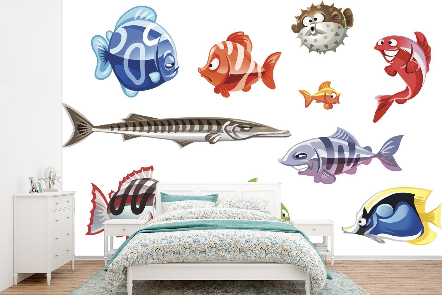 MuchoWow Fototapete Eine Illustration Wallpaper Matt, animierten zehn für St), bedruckt, Tapete Schlafzimmer, von Fischen, Vinyl Kinderzimmer, (6 Wohnzimmer