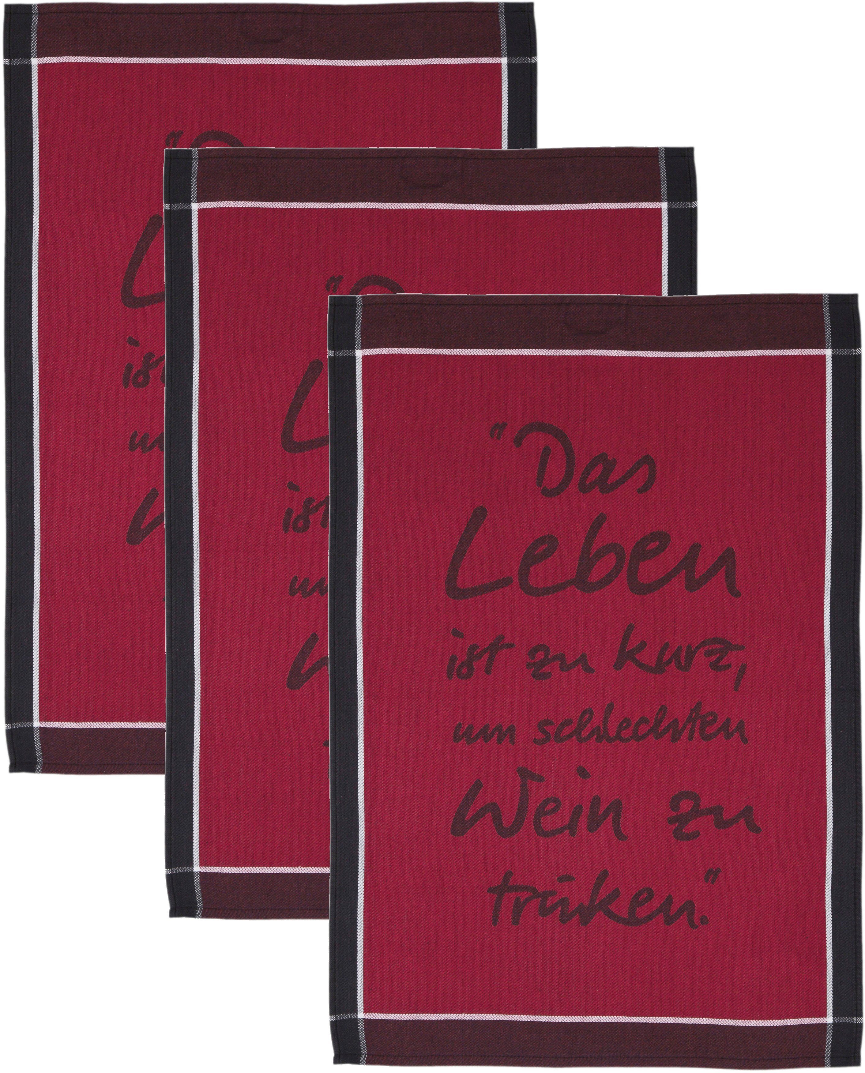 ROSS Geschirrtuch Das Leben ist zu kurz um schlechten Wein zu trinken, (Set, 3-tlg), Sprüchetuch, aus 100% Baumwolle