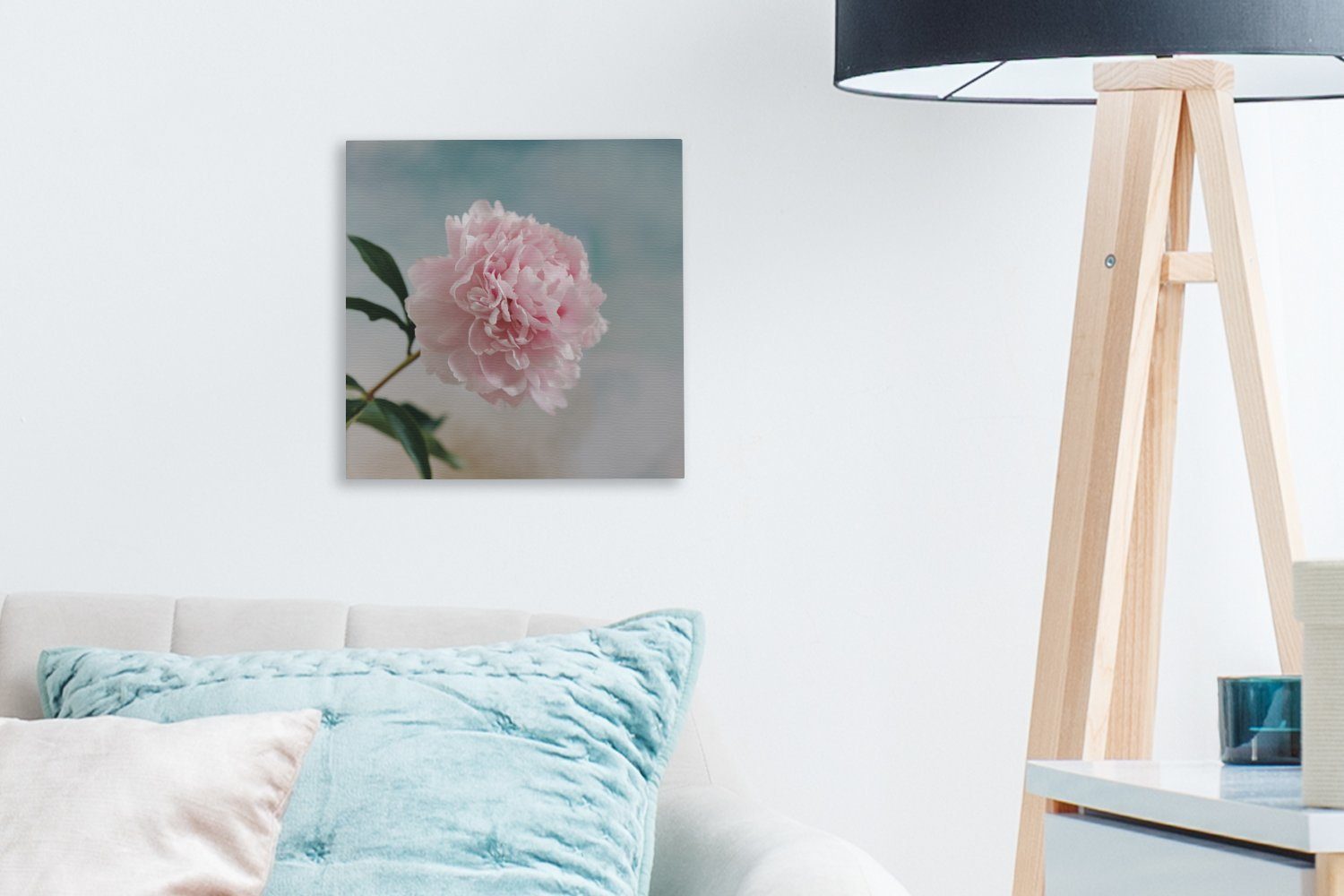 OneMillionCanvasses® Leinwandbild Rosa Pfingstrose auf Wohnzimmer Hintergrund, Leinwand St), (1 grauem für Bilder Schlafzimmer
