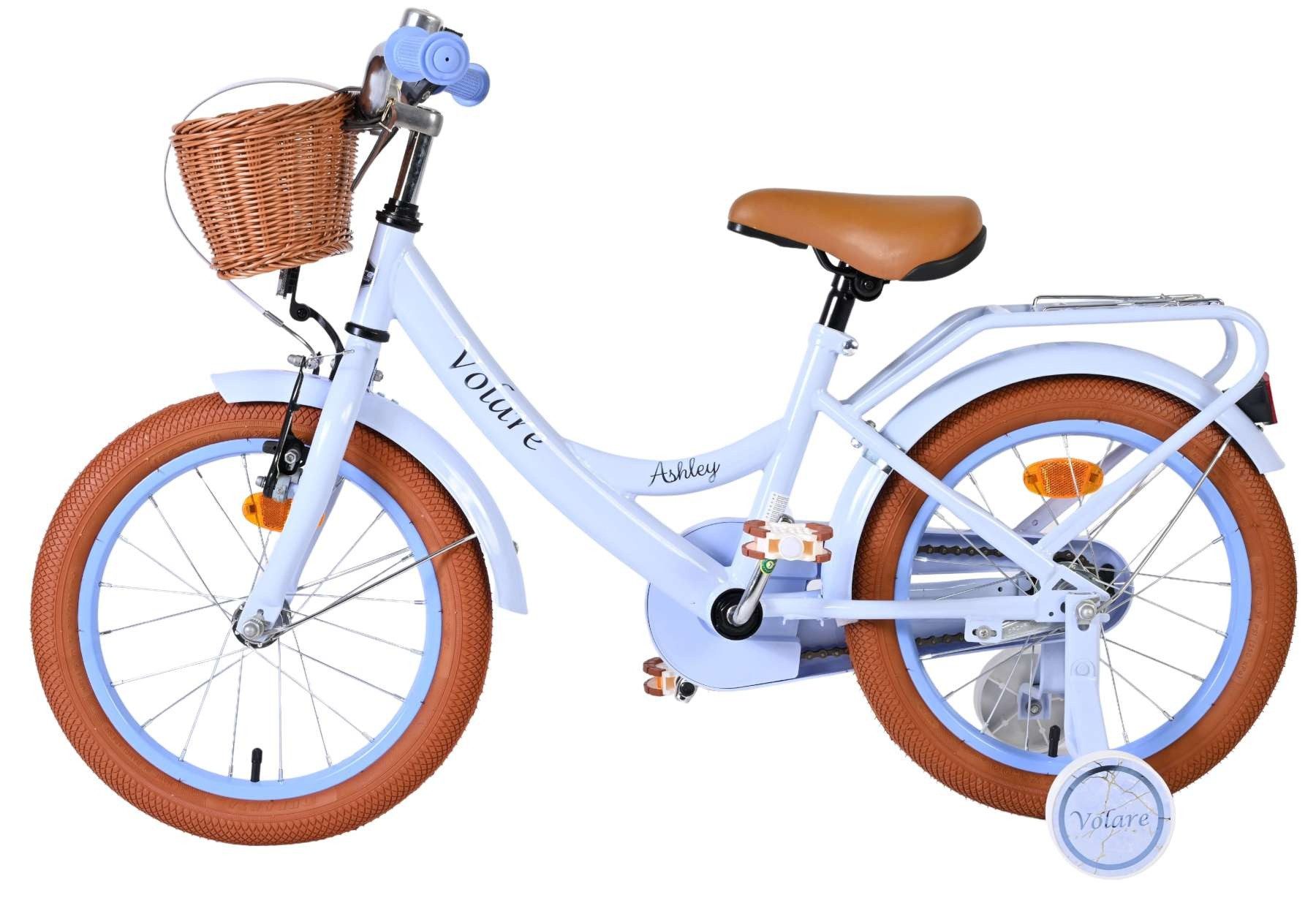 Volare Kinderfahrrad Ashley Mädchen 16 Zoll in Blau mit Korb und abnehmbaren Stützrädern, Rücktrittbremse und Handbremse, geschlossener Kettenschutz