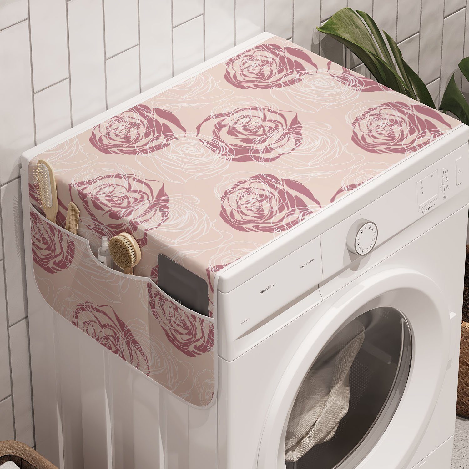 Abakuhaus Badorganizer Anti-Rutsch-Stoffabdeckung für Waschmaschine und Trockner, Romantisch Pastel Rose Silhouetten