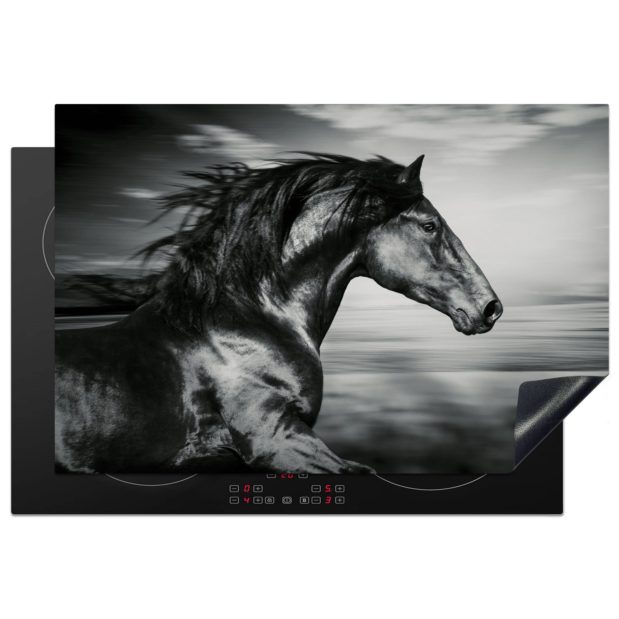 MuchoWow Herdblende-/Abdeckplatte Pferd - Tiere - Schwarz - Weiß, Vinyl, (1 tlg), 77x51 cm, Ceranfeldabdeckung, Arbeitsplatte für küche