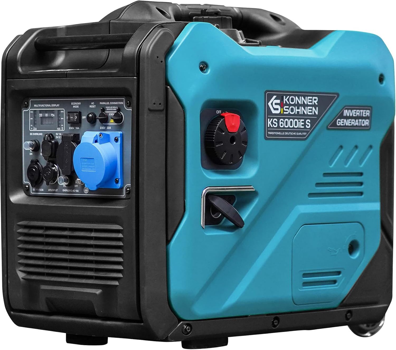 Könner & Söhnen Stromerzeuger KS 6000iE S, 5,50 in kW, (Höchstleistung 5500 W, 1x Schuko 230 V, 1 x CEE 230 V 32 A, zwei USB-Anschlüssen, 1-tlg., 5V/1A, 5V/2,1A, multifunktionale LED-Anzeige 6-in-1, ECO-Modus), Kupferwicklung, Kurzschluss- und Überlastschutz, ATS-Anschluss, EURO V