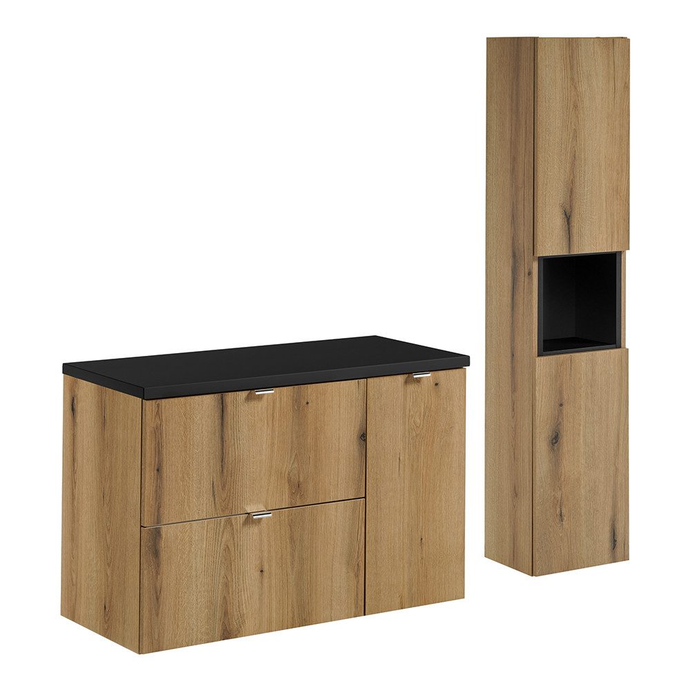 Lomadox Badmöbel-Set NEWPORT-56-OAK, (Spar-Set, 2-St., Spiegel Waschtisch), in Eiche und schwarz, 90cm Unterschrank