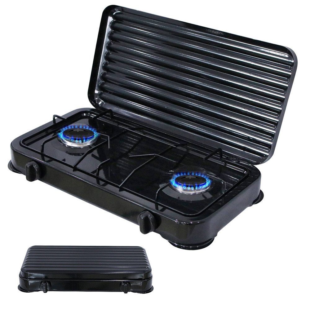 Gaskocher Camping Kochfeld Gaskocher 2 flammig mit Deckel Herd Outdoor Metall