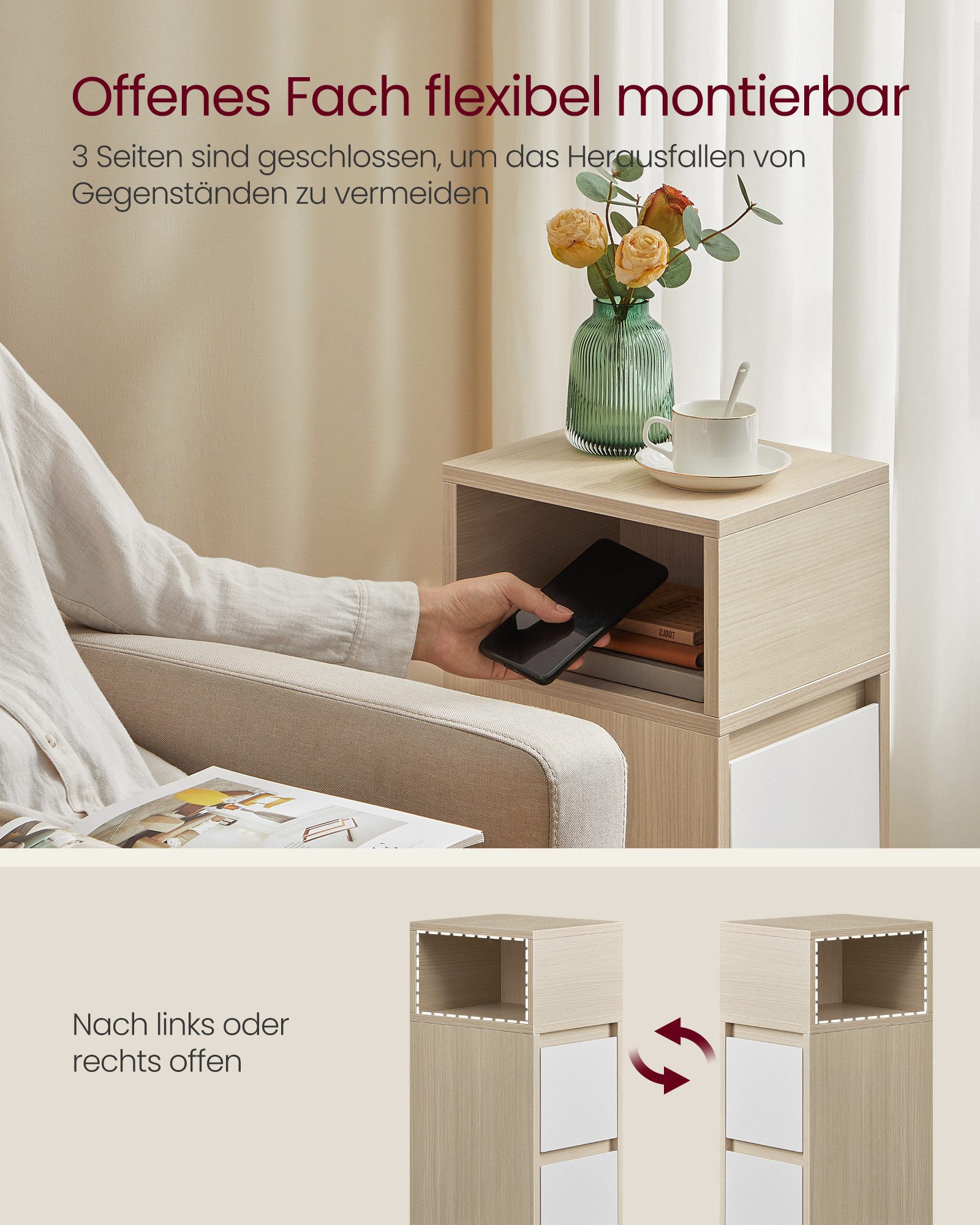 VASAGLE Nachttisch (2-St), 1er Set/2er Set, schmal, Beistelltisch mit 2 Schubladen, offenes Fach