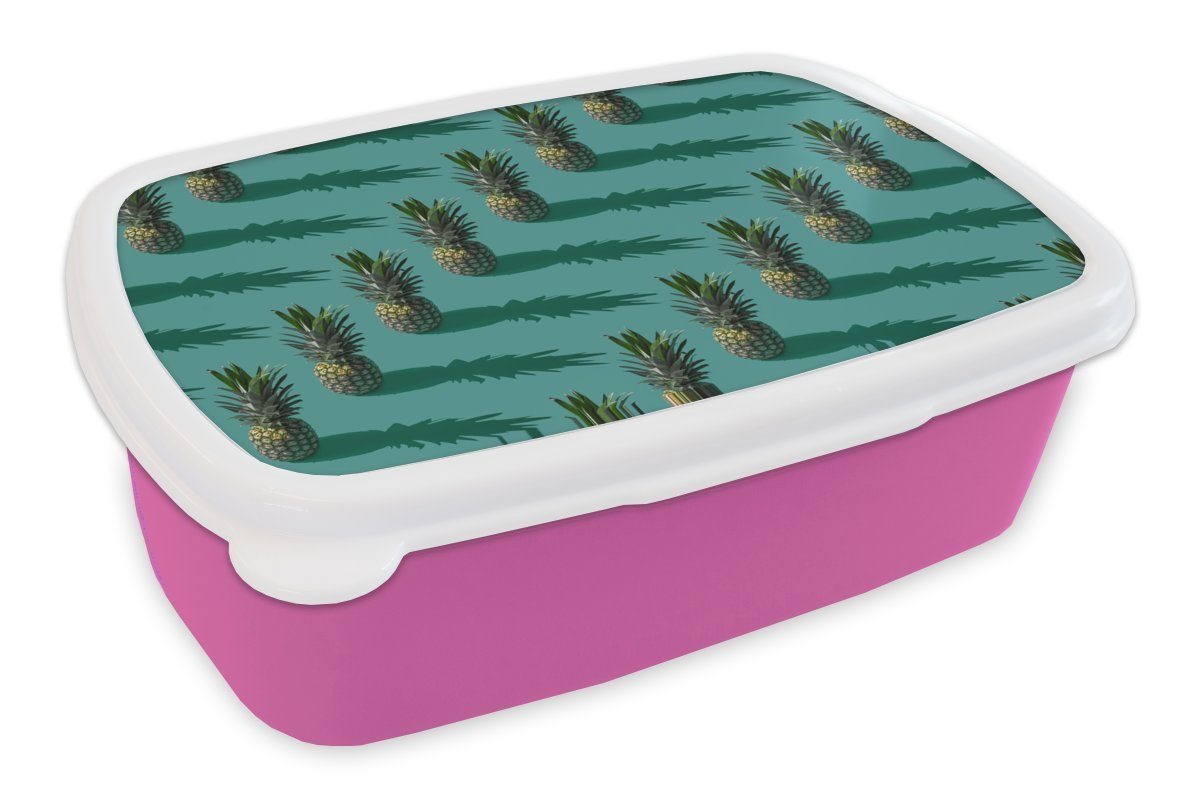 MuchoWow Lunchbox Sommer - Ananas - Blau, Kunststoff, (2-tlg), Brotbox für Erwachsene, Brotdose Kinder, Snackbox, Mädchen, Kunststoff rosa