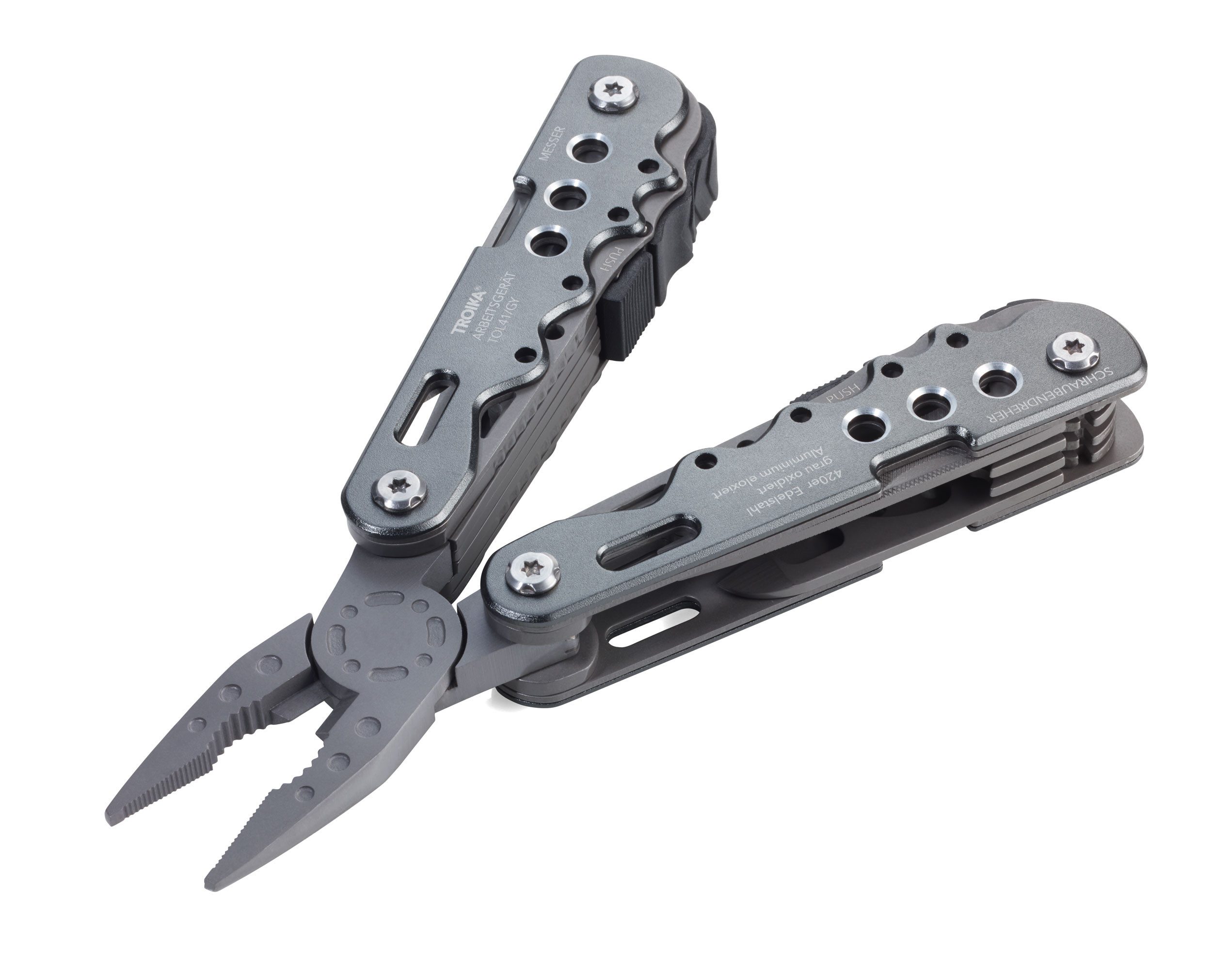 TROIKA Multitool Multifunktionswerkzeuge aus Edelstahl, verschiedene Anwendungsgebiete, mit Zange, Messer, Säge, Schraubendreher & Etui, robustes Material