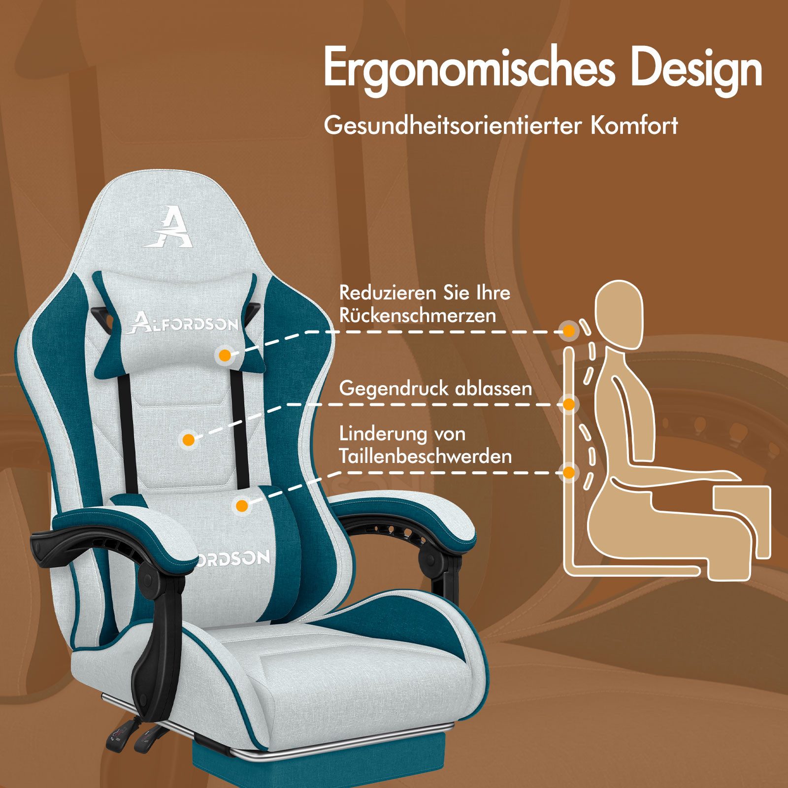 ALFORDSON Bürostuhl Gaming-Stuhl, Massage-Gaming-Stuhl, Ergonomischer Gamer-Stuhl, mit Fußstütze, Kopfstütze, Massage-Lendenkissen, Dunkelblaugrün