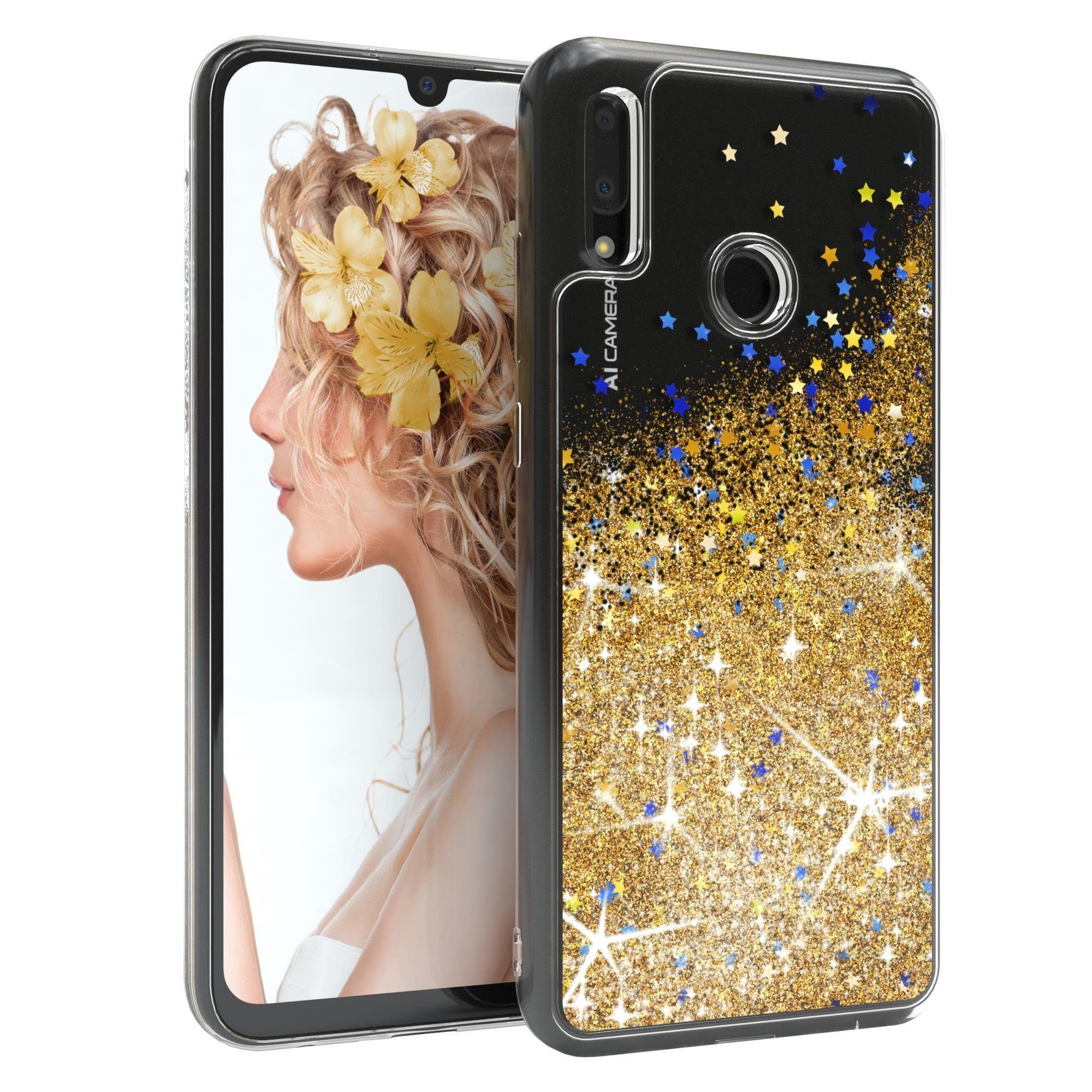 EAZY CASE Handyhülle Liquid Glittery Case für Huawei P Smart 2019 6,21 Zoll, Durchsichtig Back Case Handy Softcase Silikonhülle Glitzer Cover Gold