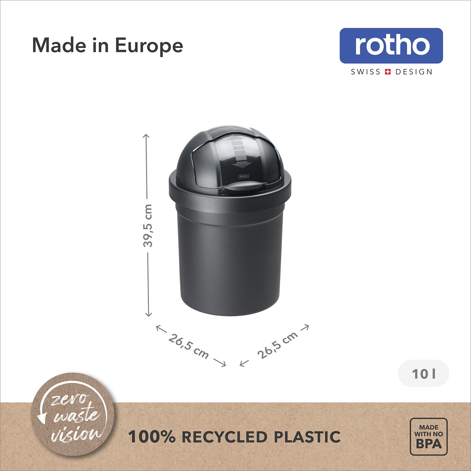 ROTHO Mülleimer ROLL BOB Abfalleimer Set 10 l und 30 l mit Schiebedeckel, Abfalltrennsystem ideal für Haushalt, Küche und Büro