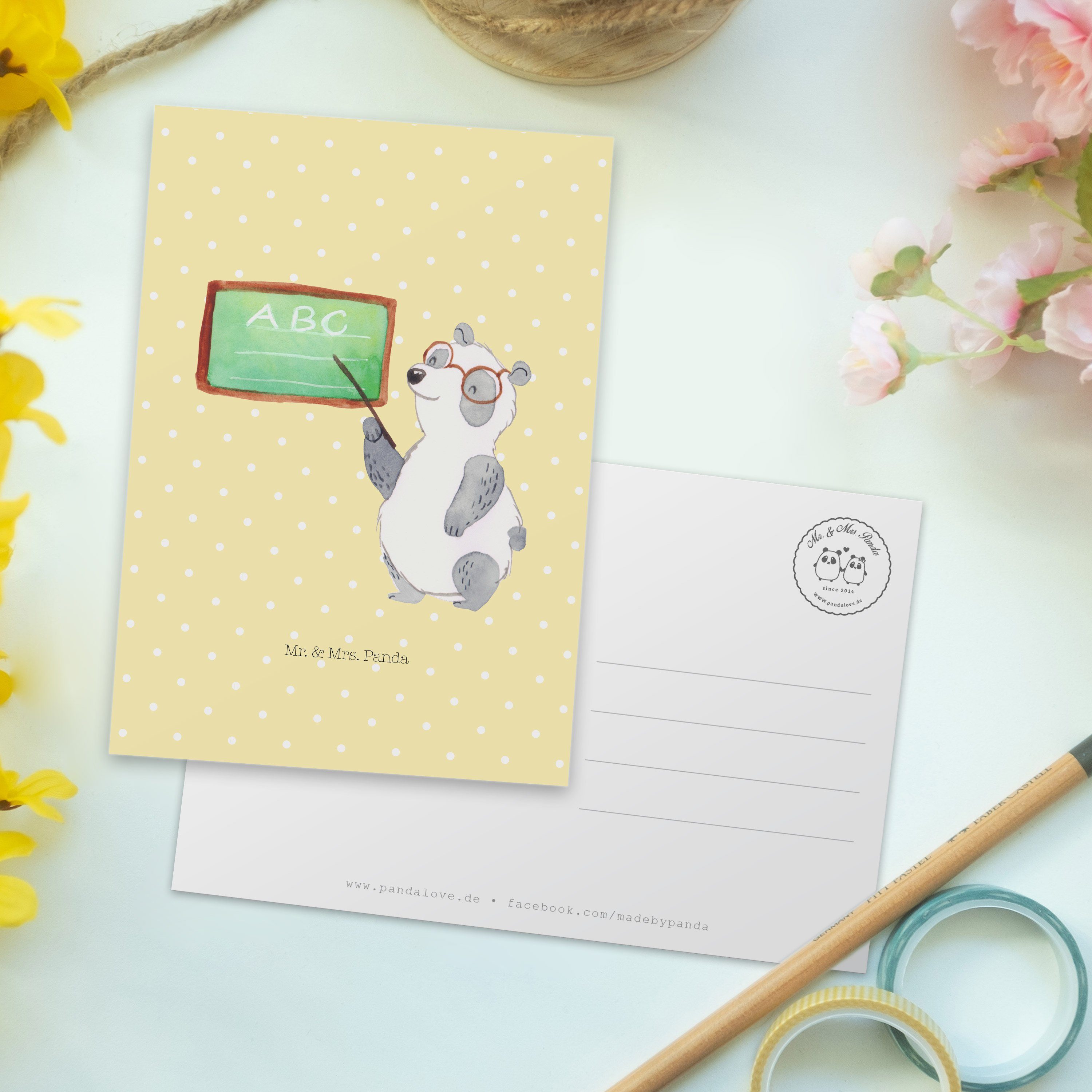 Mrs. Gelb Einladung, - Postkarte Geschenk, Mr. Tiere, Panda Grußkarte Panda Pastell & Lehrer -
