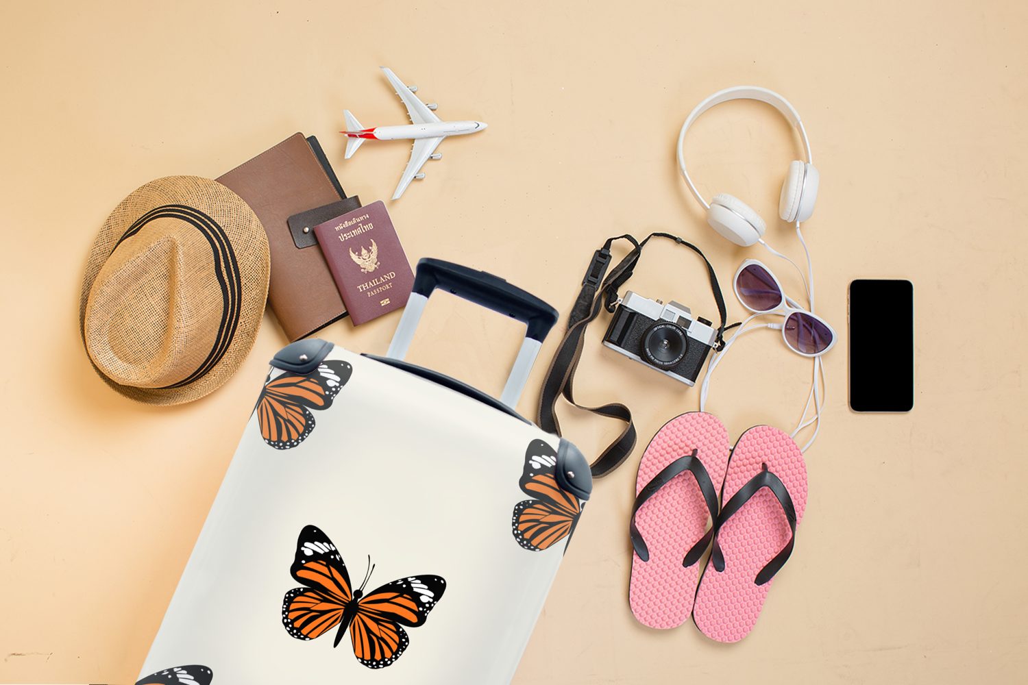 MuchoWow Handgepäckkoffer Schmetterling - für Rollen, Muster, Ferien, 4 Reisetasche Handgepäck mit Insekten - rollen, Reisekoffer Trolley