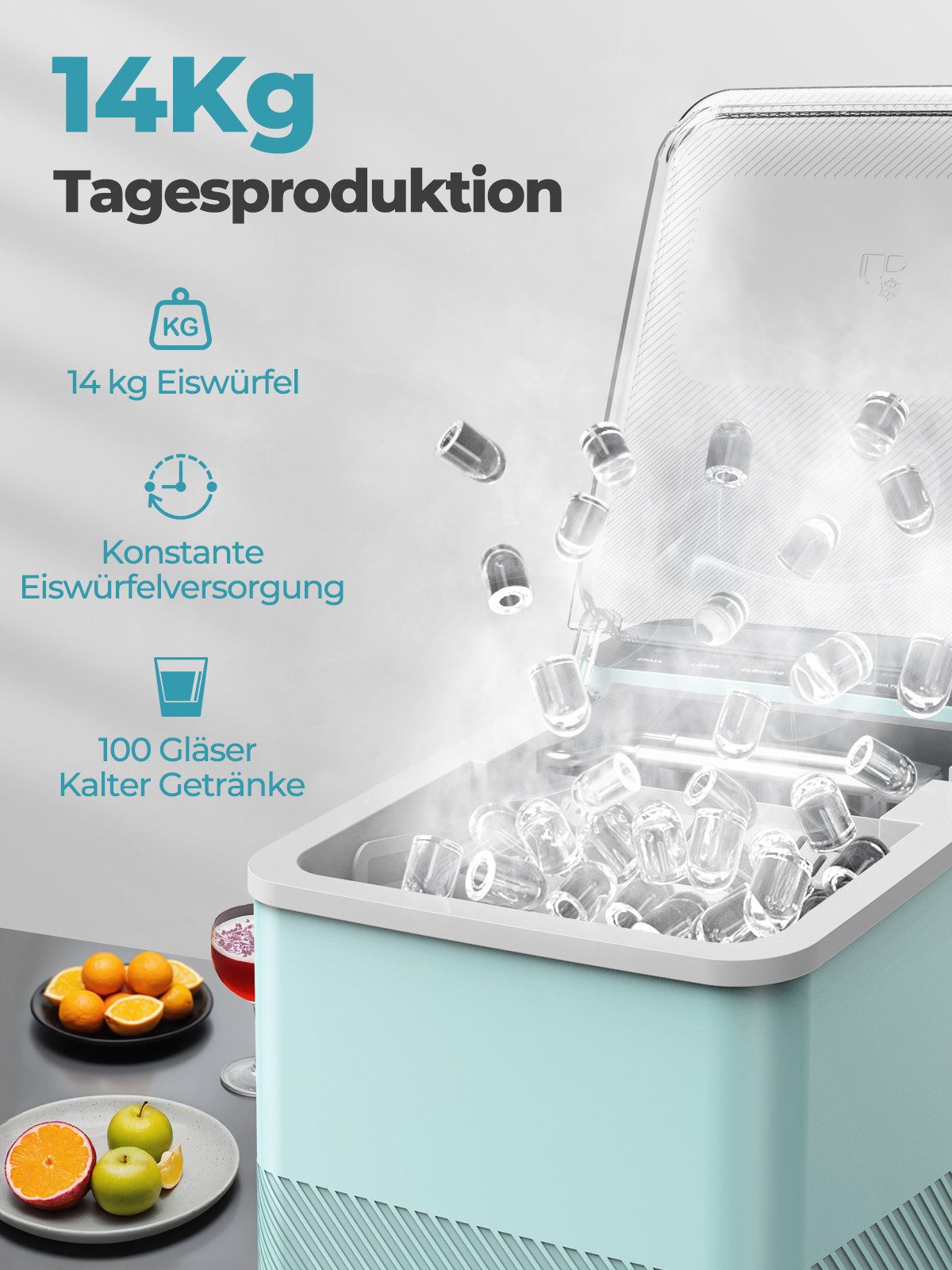FOHERE Kühlbox Eiswürfelmaschine Klein, 14Kg/24h, 9 Eiswürfel/5Min, selbstreinigend, mit Schaufel/Korb, 2 Größen, Zuhause/Büro/Bar/RV