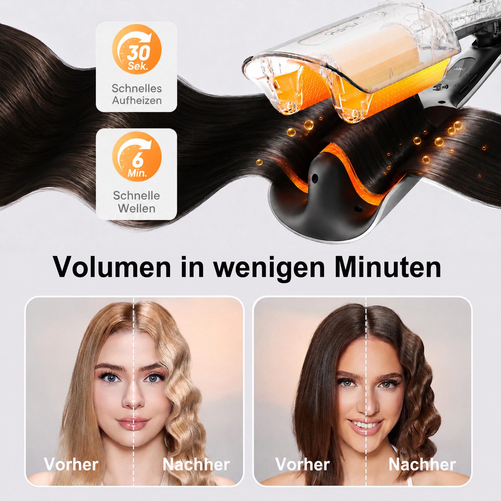Futicare Lockenstab Hairstyler Welleneisen 32 mm, 3-Barrel für natürliche Wellen, Ionen-Technologie, 3 Temperaturstufen, LED-Display, Schnellaufheizung, für kurze & lange Haare