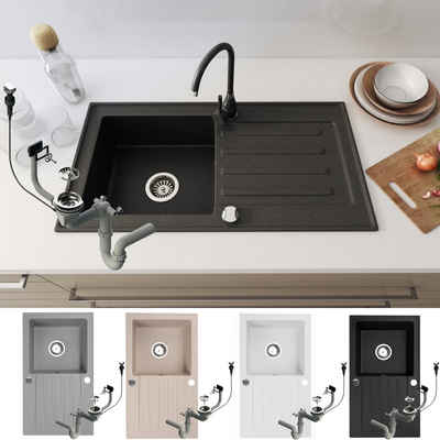 Faizee Möbel Granitspüle Granitspüle Küchenspüle Granit Siphon Einbauspüle Küche 76×44 Athena, Eckig, 76/44 cm