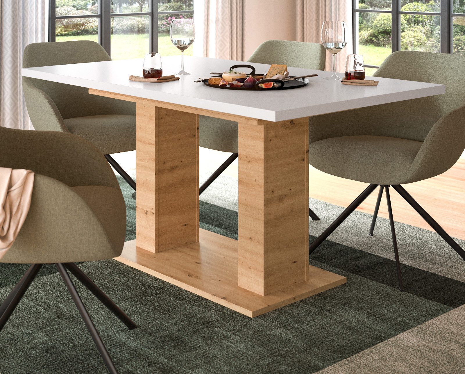 Inn.Furn Säulen-Esstisch Home-X (Küchentisch in Weiß und Eiche Artisan, ausziehbar 150 - 190 cm, bis 8 Personen), mit stabiler Doppel-Säule