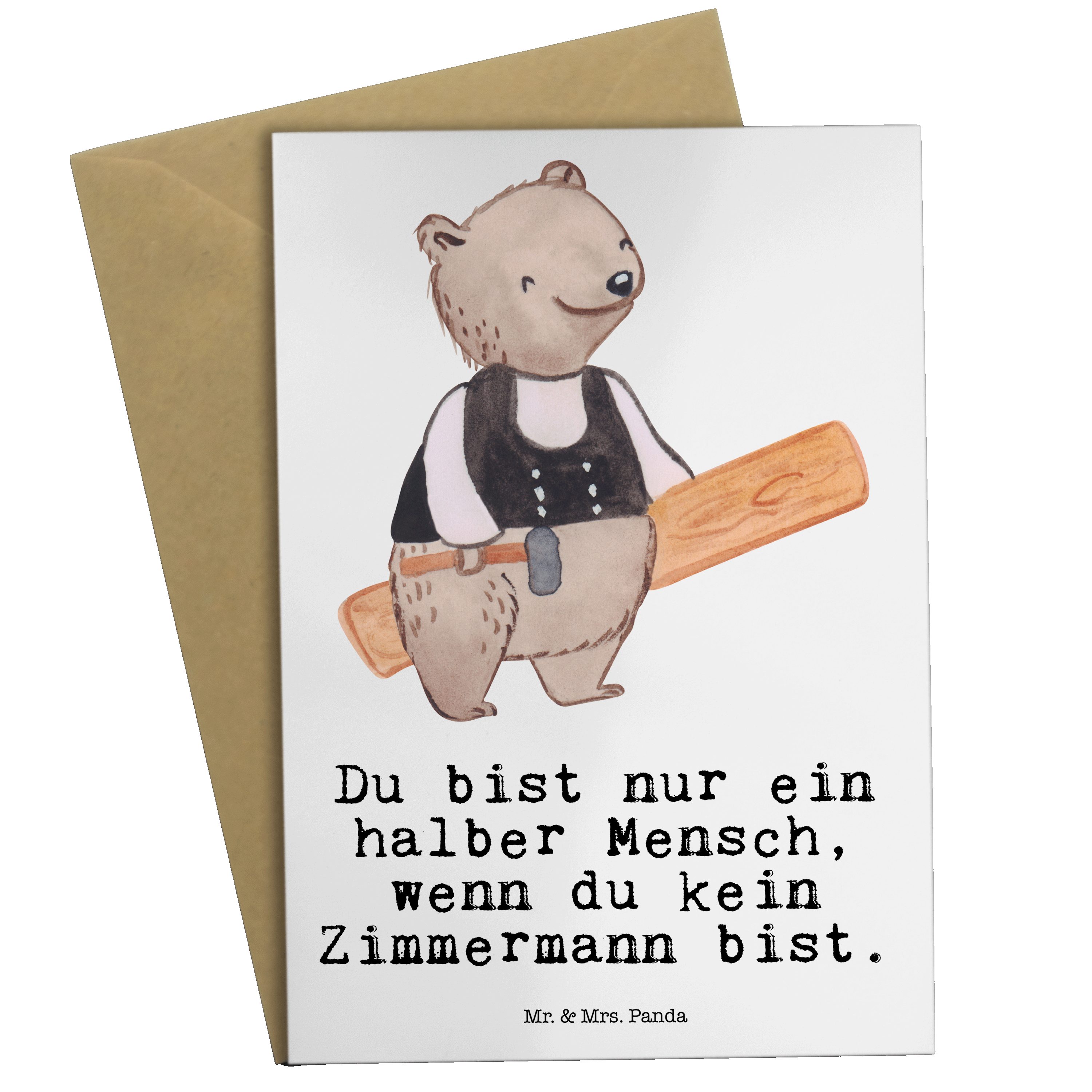 Geschenk, Grußkarte Klappkarte Panda mit Zimmermann - & Mrs. Mr. Glückwunschkarte, Herz - Weiß