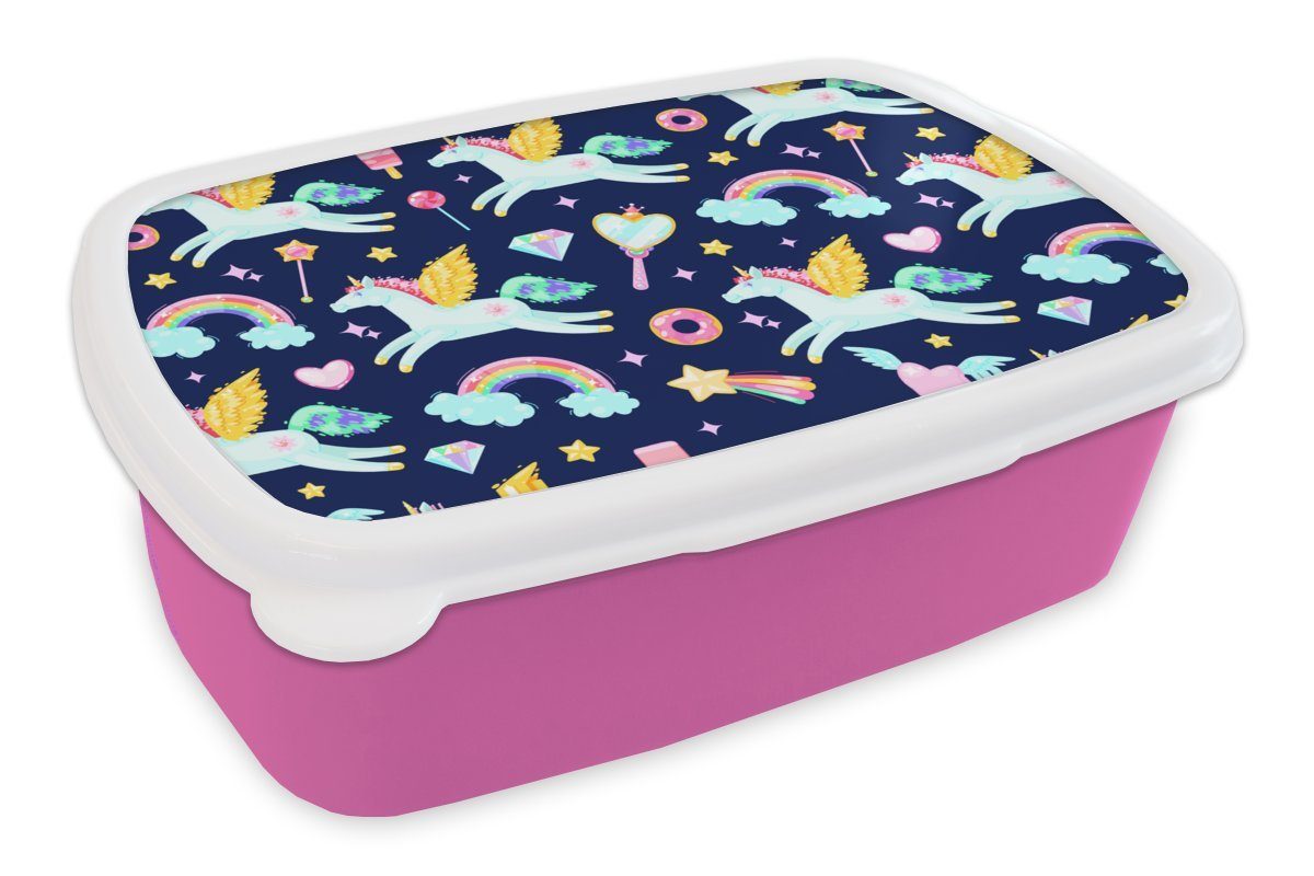 MuchoWow Lunchbox Einhorn - Regenbogen - Diamant - Muster, Kunststoff, (2-tlg), Brotbox für Erwachsene, Brotdose Kinder, Snackbox, Mädchen, Kunststoff rosa